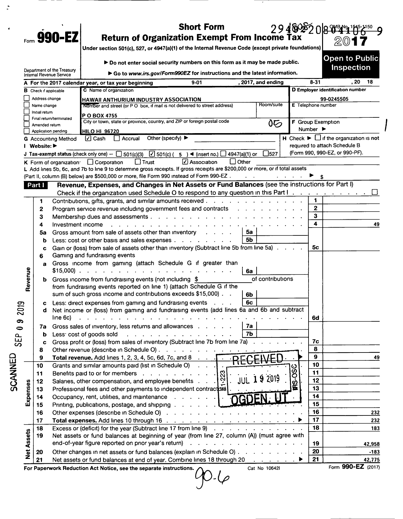 Image of first page of 2017 Form 990EO for Hawaii Anthurium Industry Association