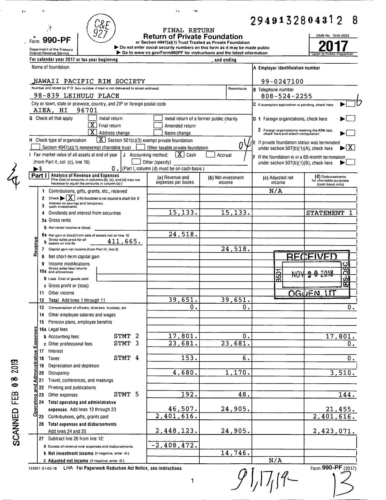 Image of first page of 2017 Form 990PF for Hawaii Pacific Rim Society