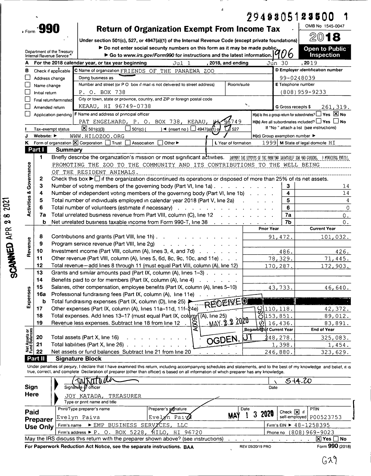 Image of first page of 2018 Form 990 for Friends of the Panaewa Zoo