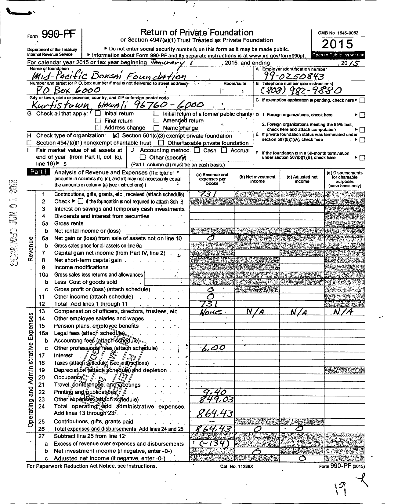 Image of first page of 2015 Form 990PF for Mid Pacific Bonsai Foundation