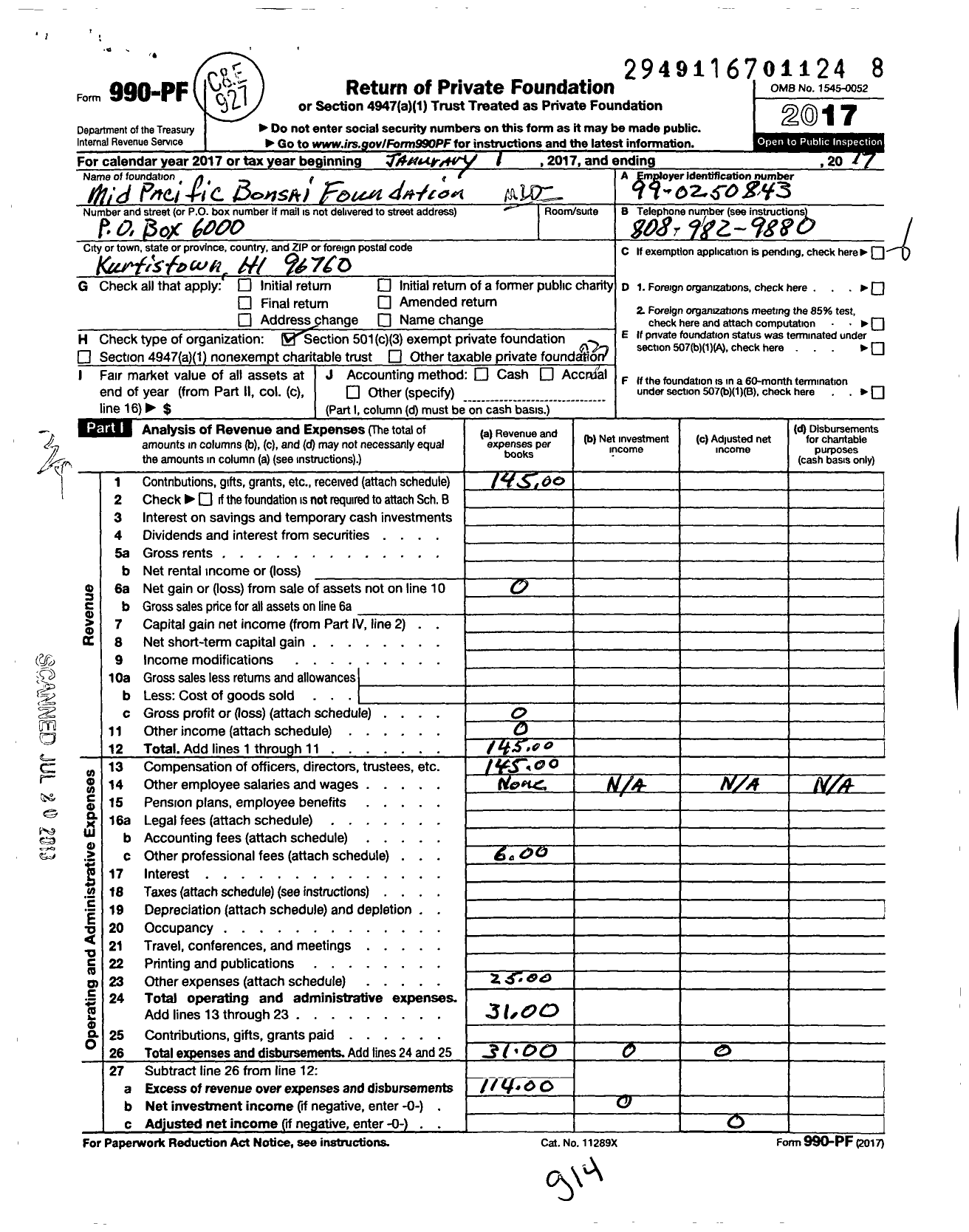 Image of first page of 2017 Form 990PF for Mid Pacific Bonsai Foundation