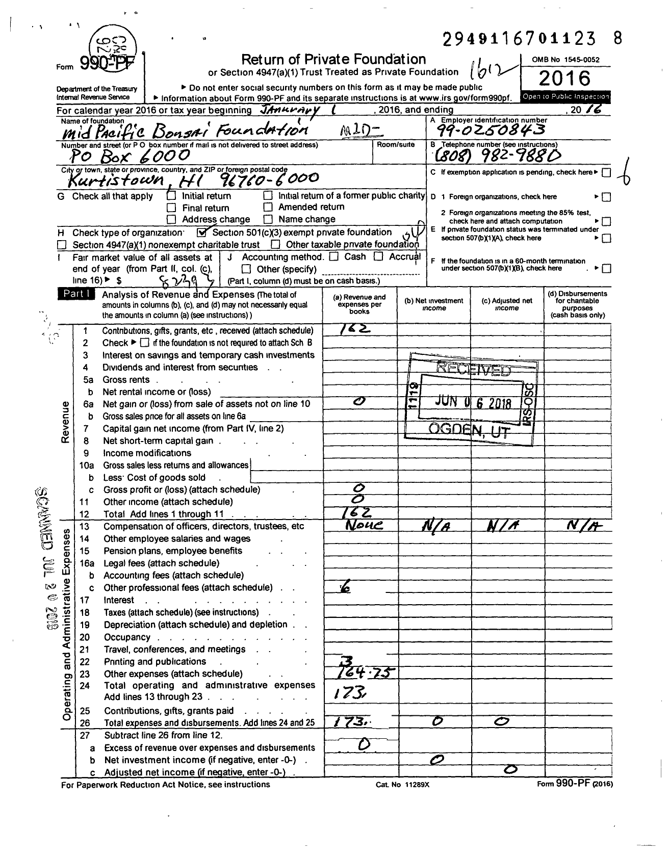 Image of first page of 2016 Form 990PF for Mid Pacific Bonsai Foundation