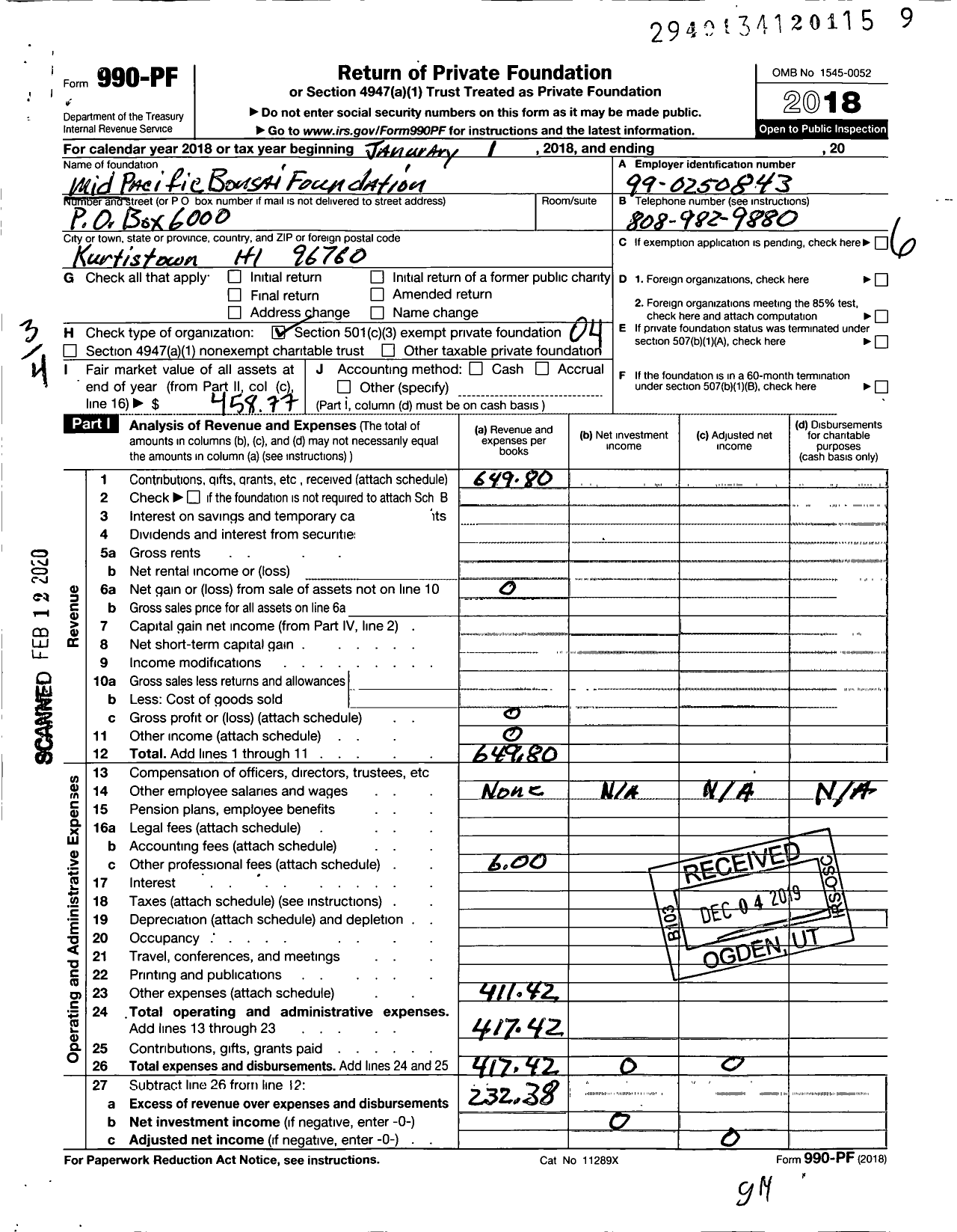 Image of first page of 2018 Form 990PF for Mid Pacific Bonsai Foundation