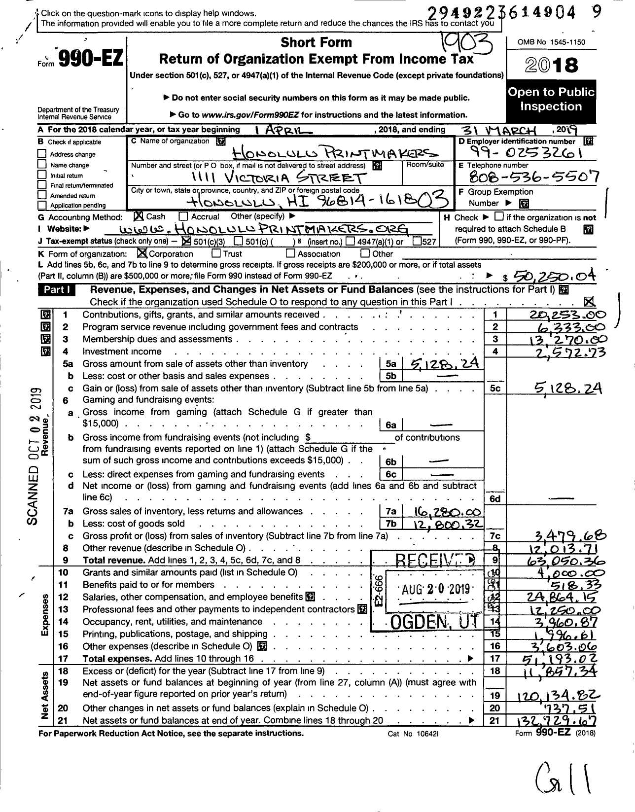 Image of first page of 2018 Form 990EZ for Honolulu Printmakers