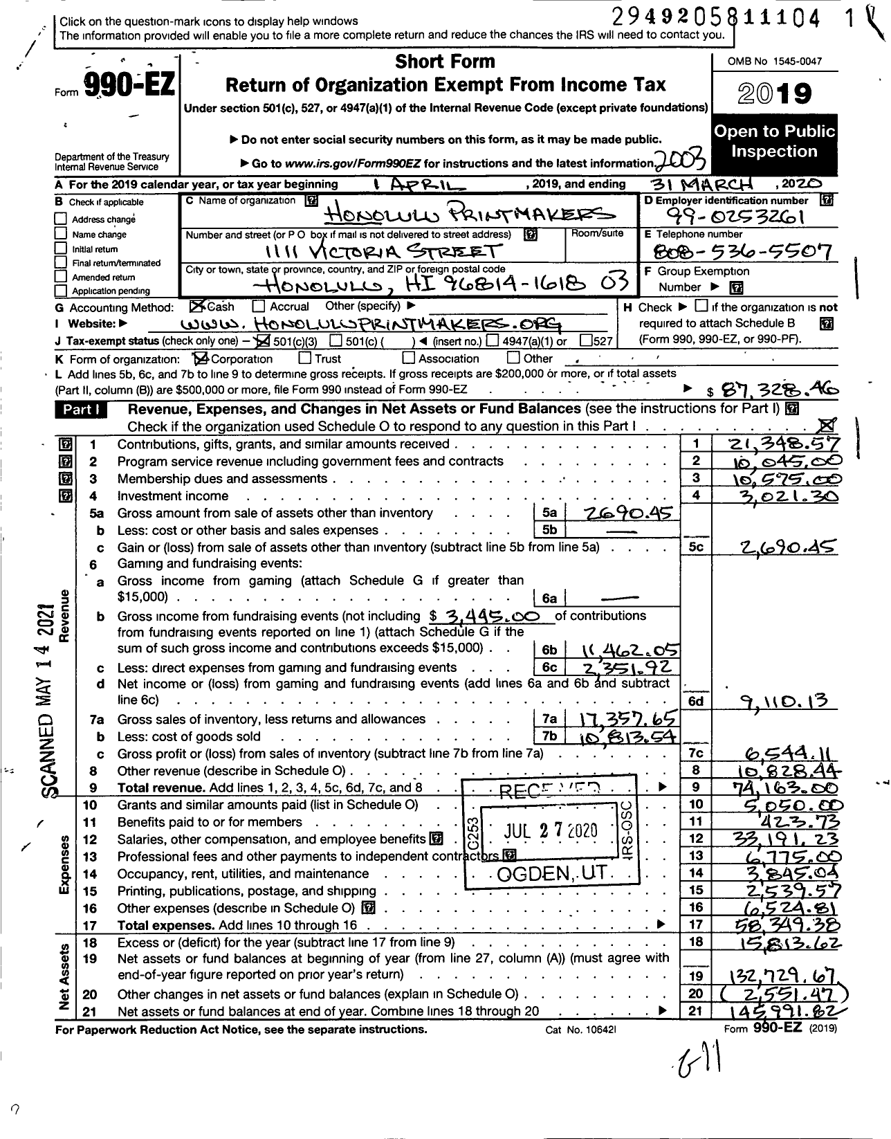 Image of first page of 2019 Form 990EZ for Honolulu Printmakers