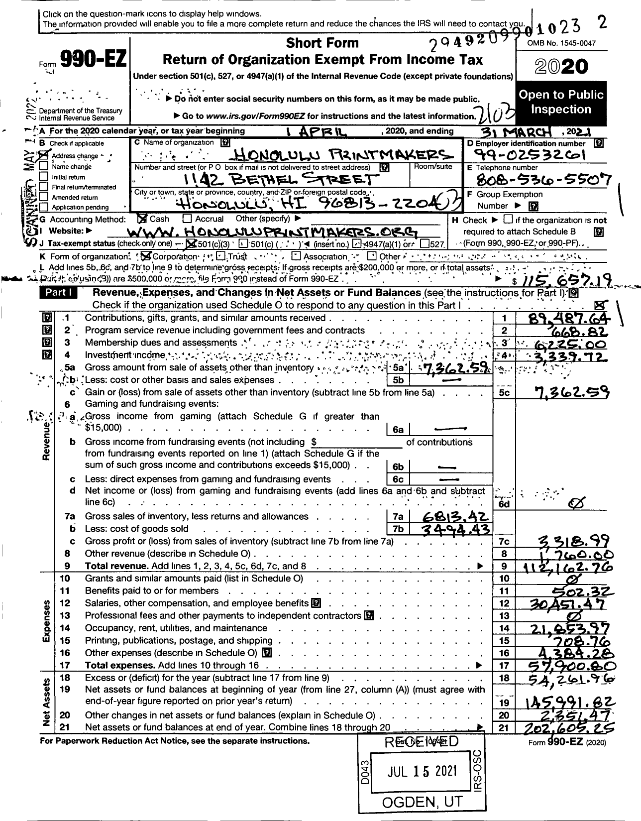 Image of first page of 2020 Form 990EZ for Honolulu Printmakers