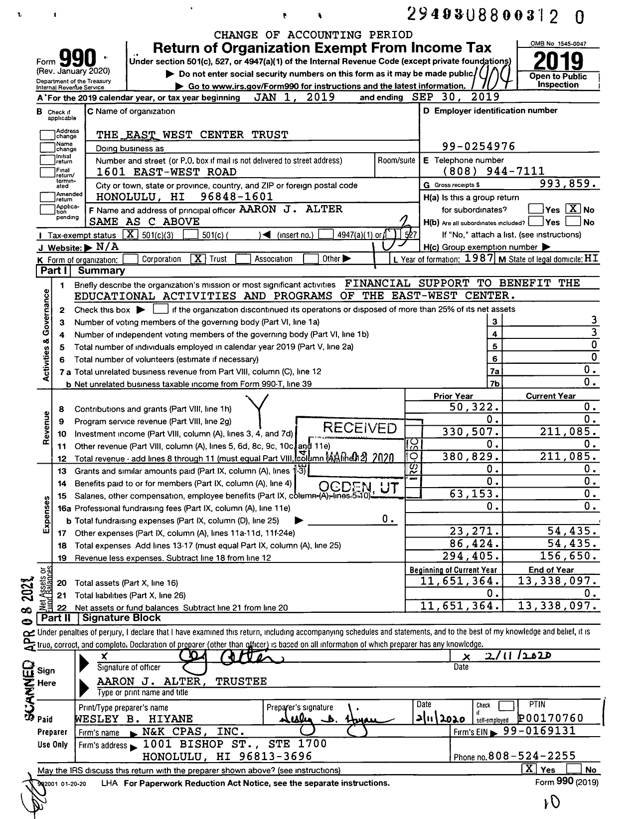 Image of first page of 2018 Form 990 for East-West Center Trust