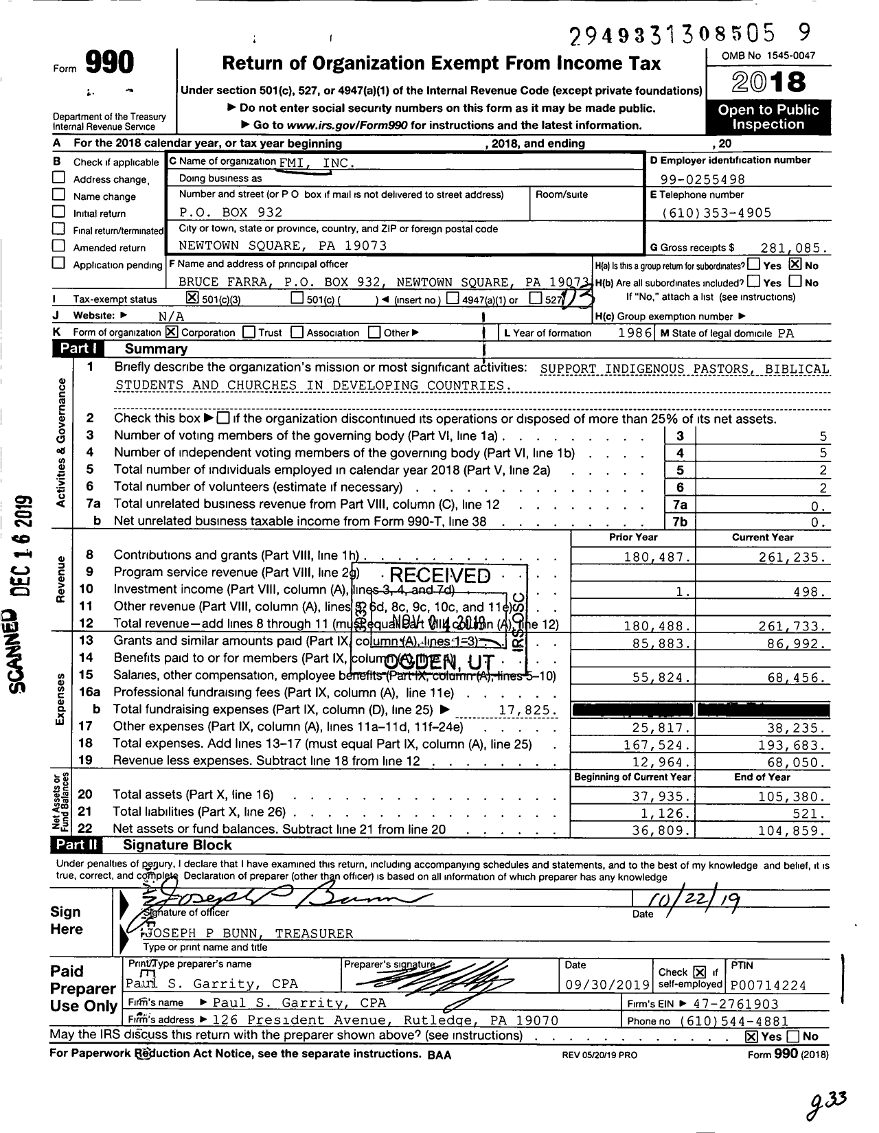 Image of first page of 2018 Form 990 for Forgotten Missionaries International (FMI)