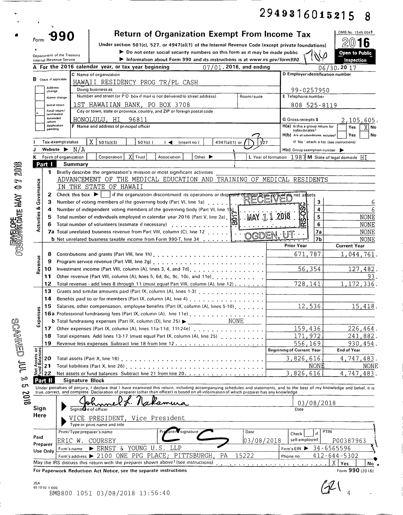 Image of first page of 2016 Form 990 for Hawaii Residency Prog TRPL Cash