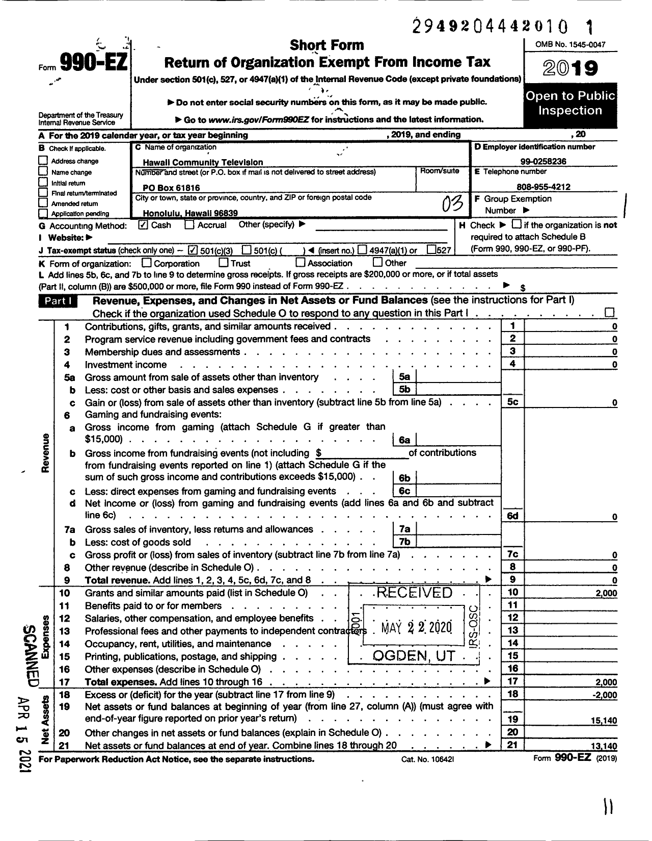 Image of first page of 2019 Form 990EZ for Hawaii Community Television