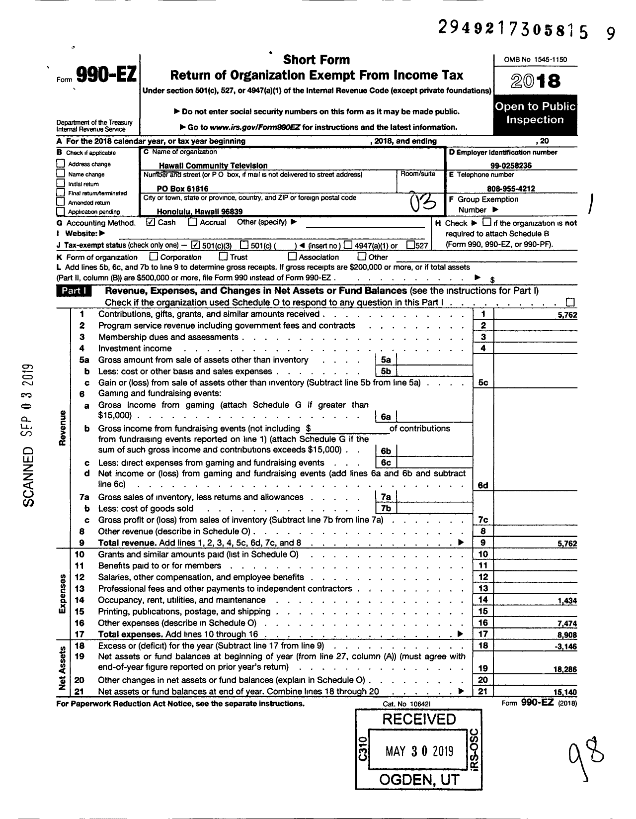 Image of first page of 2018 Form 990EZ for Hawaii Community Television