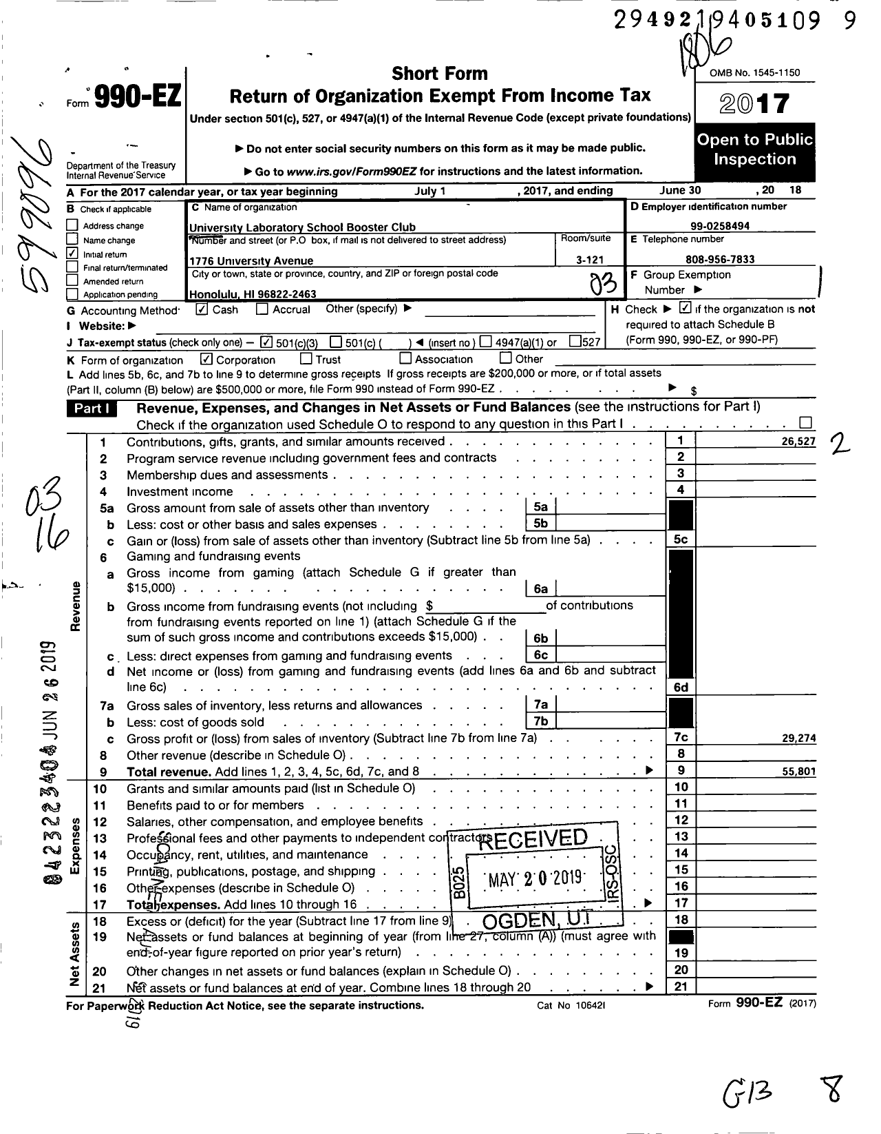 Image of first page of 2017 Form 990EZ for University Laboratory School Booster Club