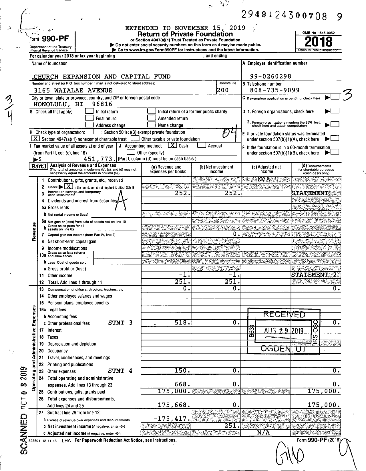 Image of first page of 2018 Form 990PF for Church Expansion and Capital Fund