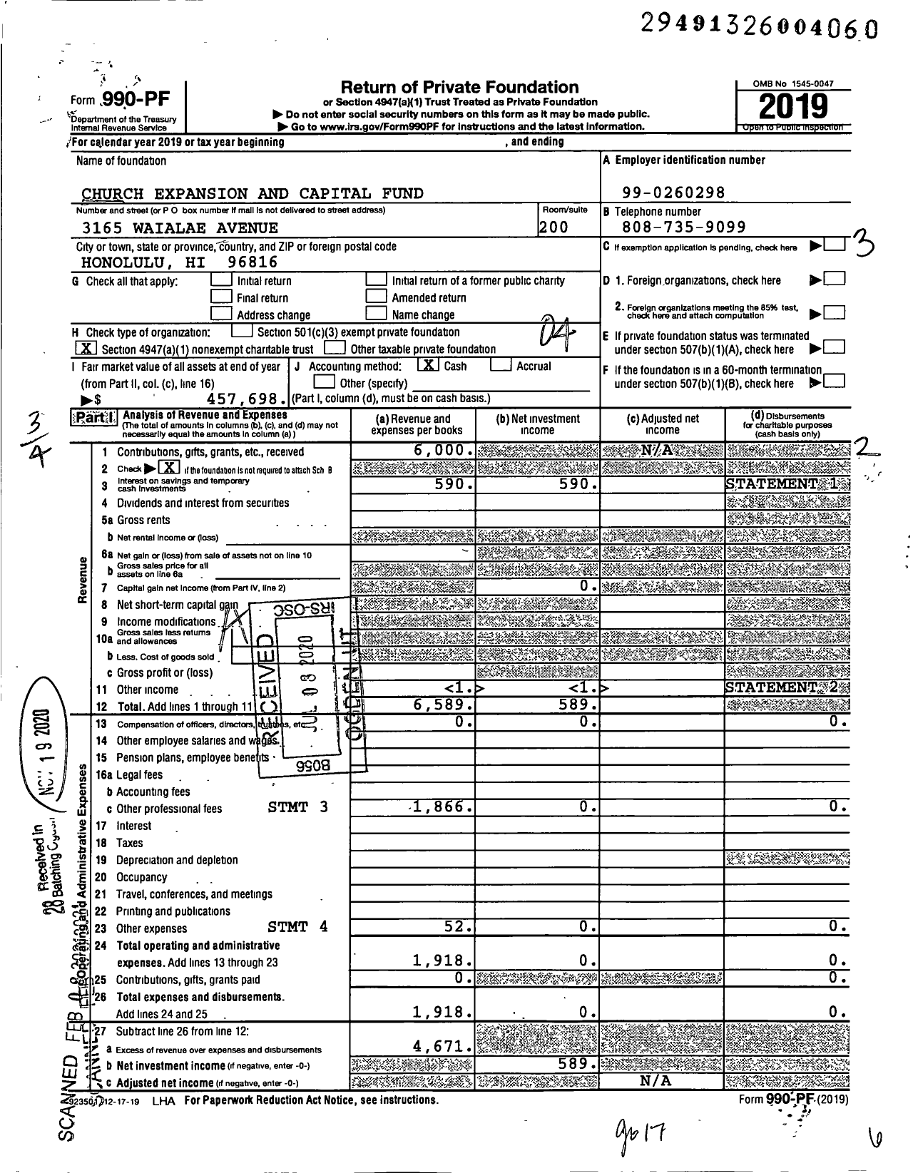 Image of first page of 2019 Form 990PF for Church Expansion and Capital Fund