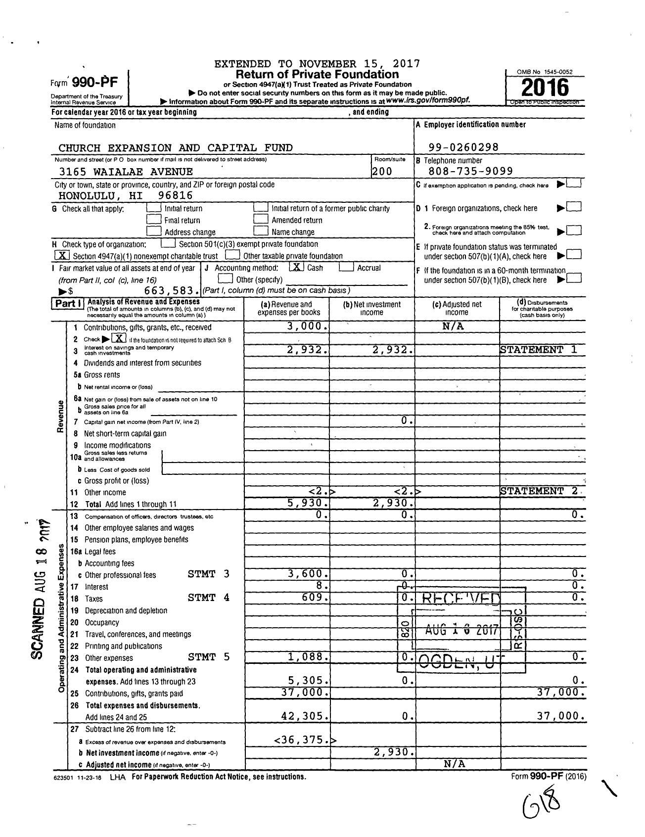 Image of first page of 2016 Form 990PF for Church Expansion and Capital Fund