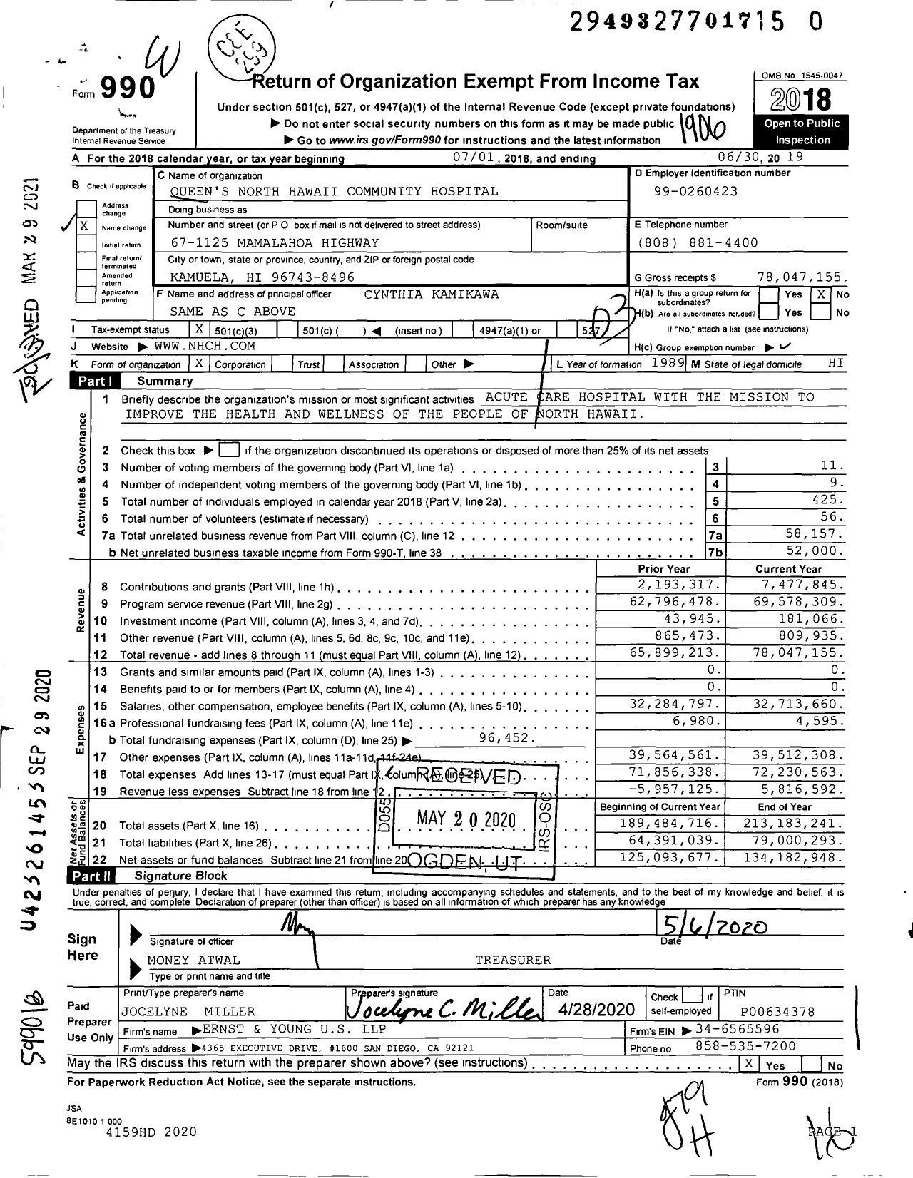 Image of first page of 2018 Form 990 for Queen's North Hawaii Community Hospital