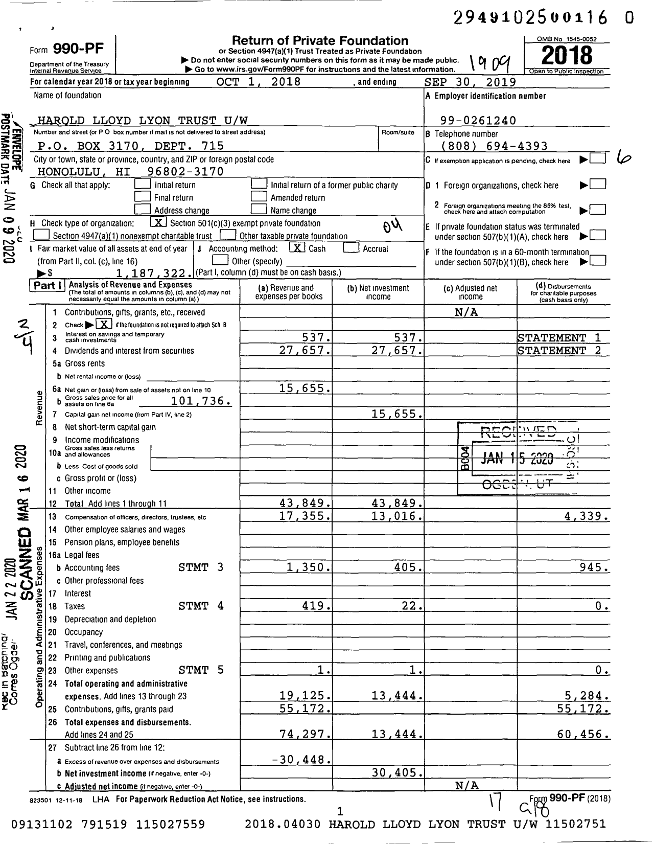 Image of first page of 2018 Form 990PR for Harold Lloyd Lyon Trust Uw