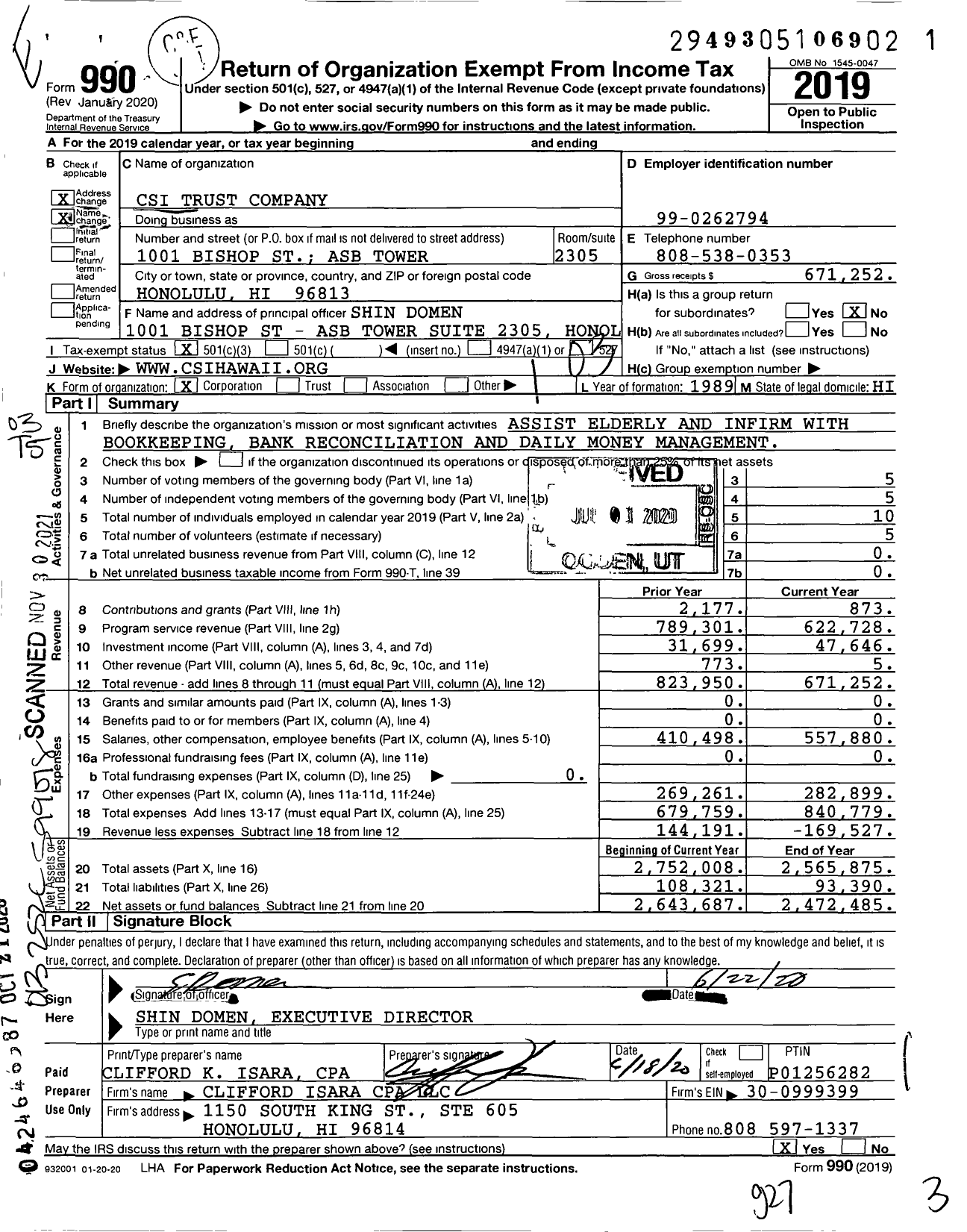 Image of first page of 2019 Form 990 for Csi Trust Company