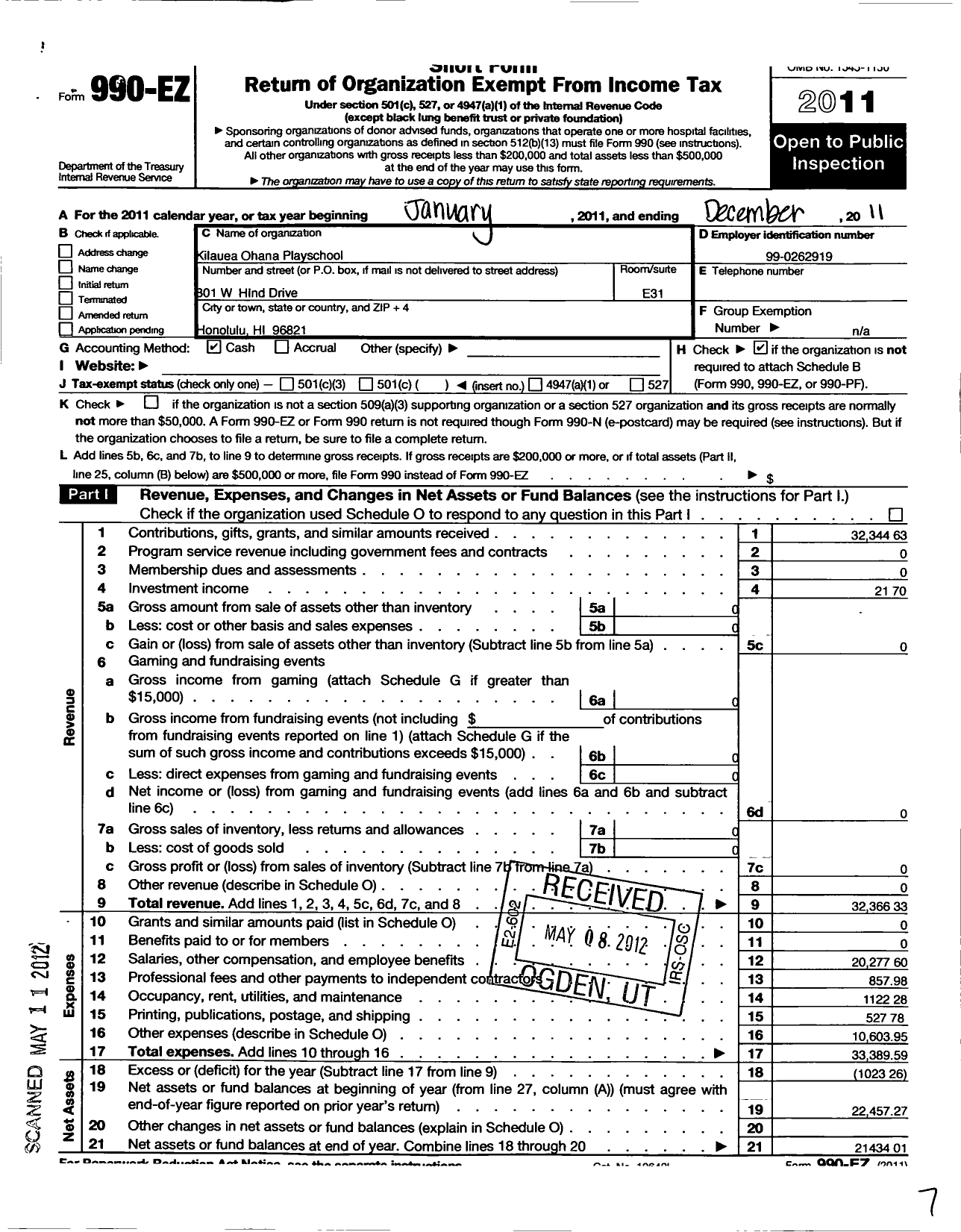 Image of first page of 2011 Form 990EO for The Kilauea Ohana Playschool