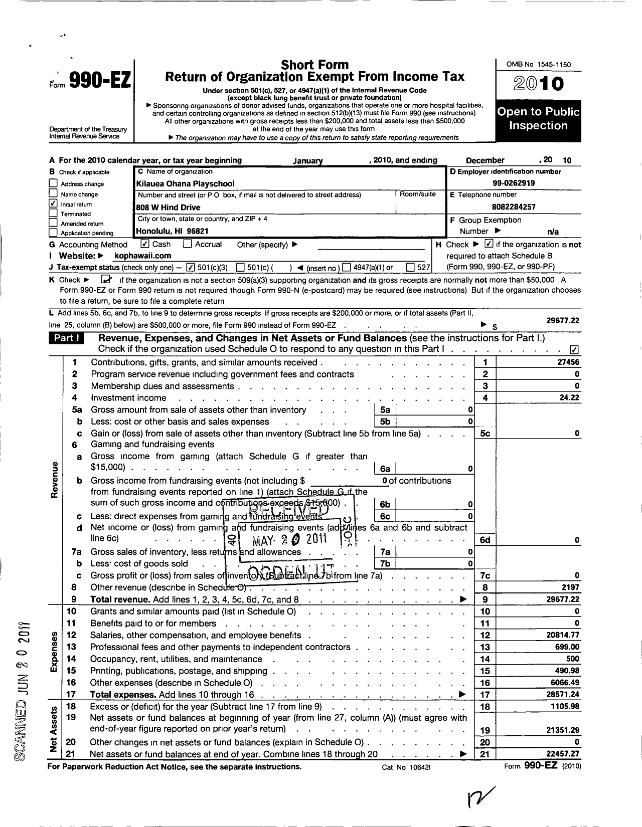 Image of first page of 2010 Form 990EZ for The Kilauea Ohana Playschool