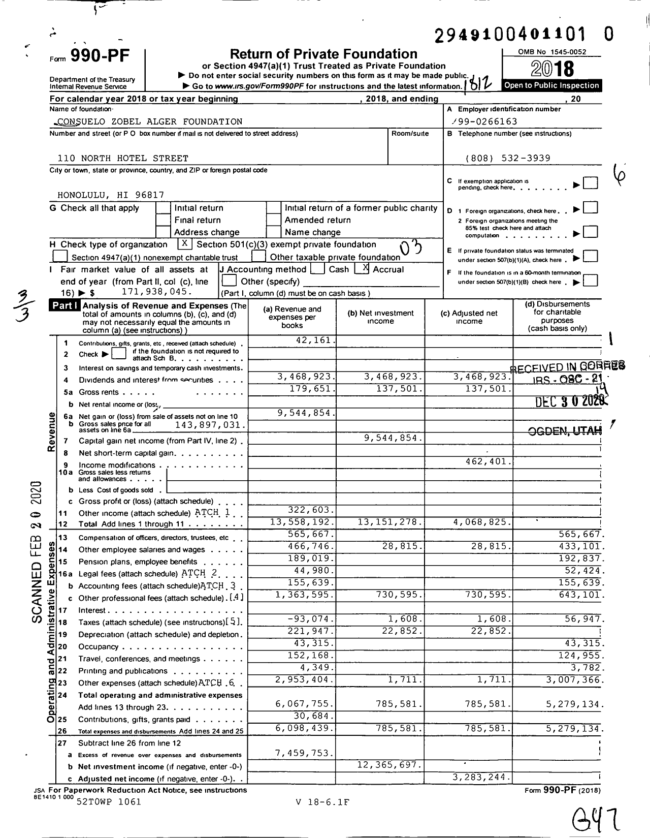 Image of first page of 2018 Form 990PF for Consuelo Foundation