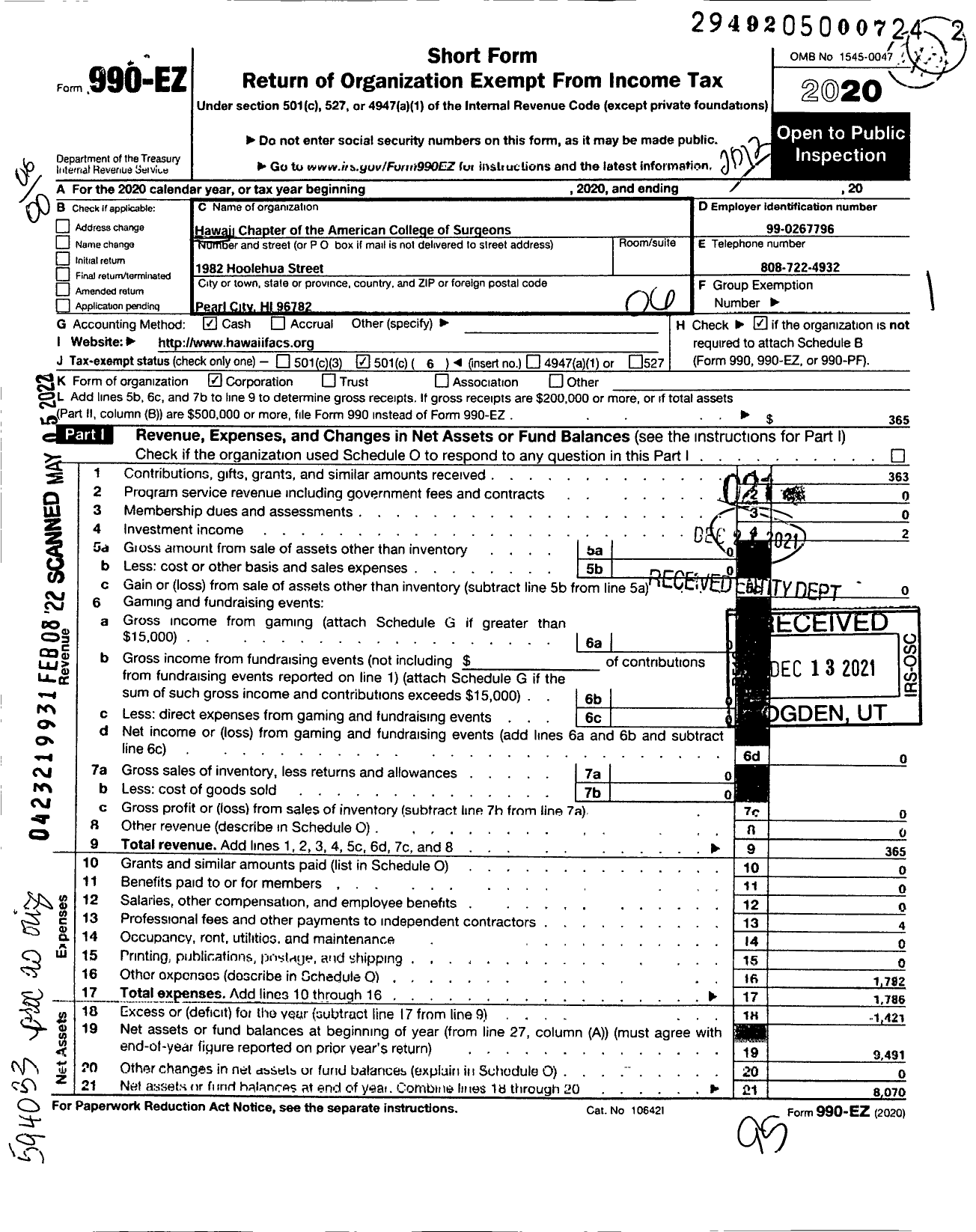 Image of first page of 2020 Form 990EO for Hawaii Chapter of the American College of Surgeons