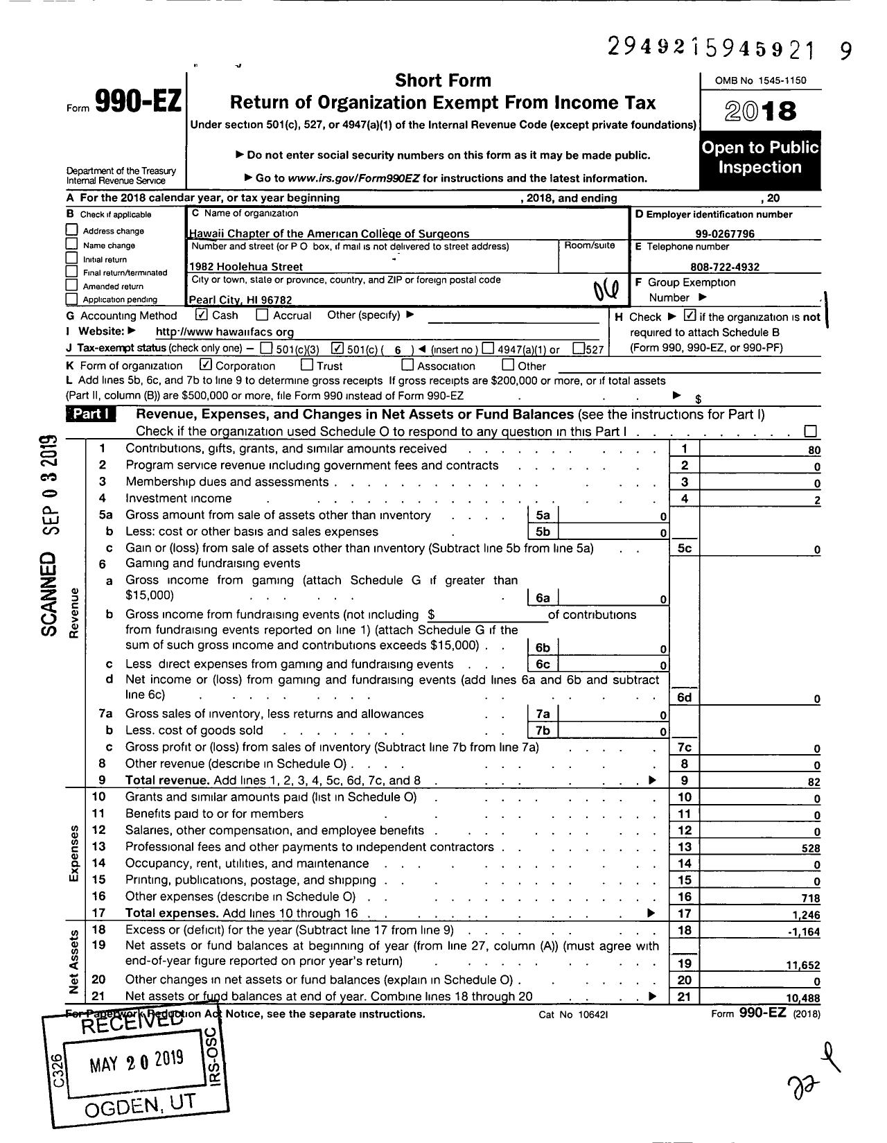 Image of first page of 2018 Form 990EO for Hawaii Chapter of the American College of Surgeons