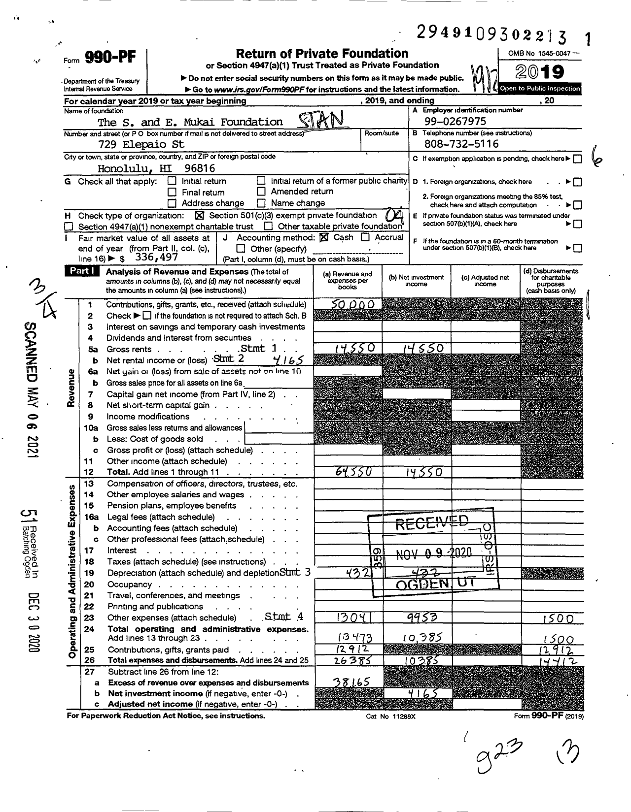 Image of first page of 2019 Form 990PF for Stanley and Elaine Mukai Foundation