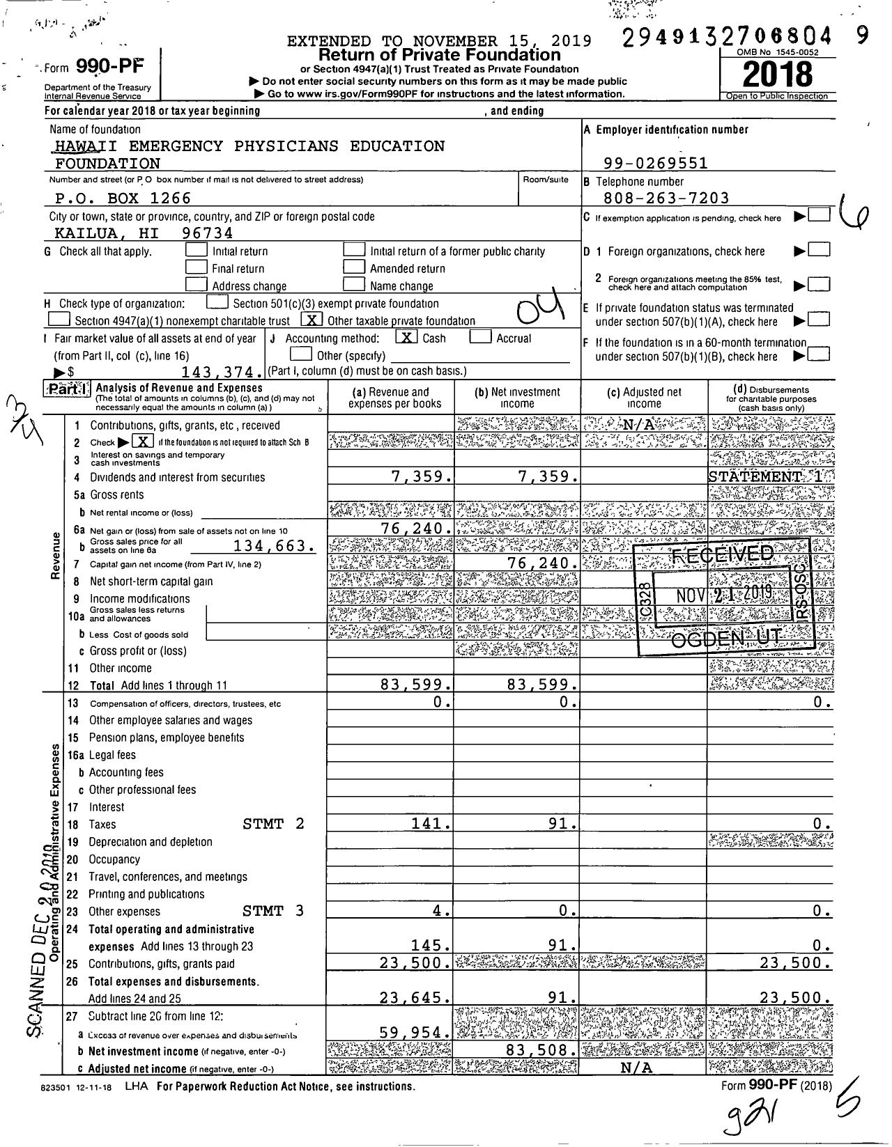 Image of first page of 2018 Form 990PF for Hawaii Emergency Physicians Education Foundation