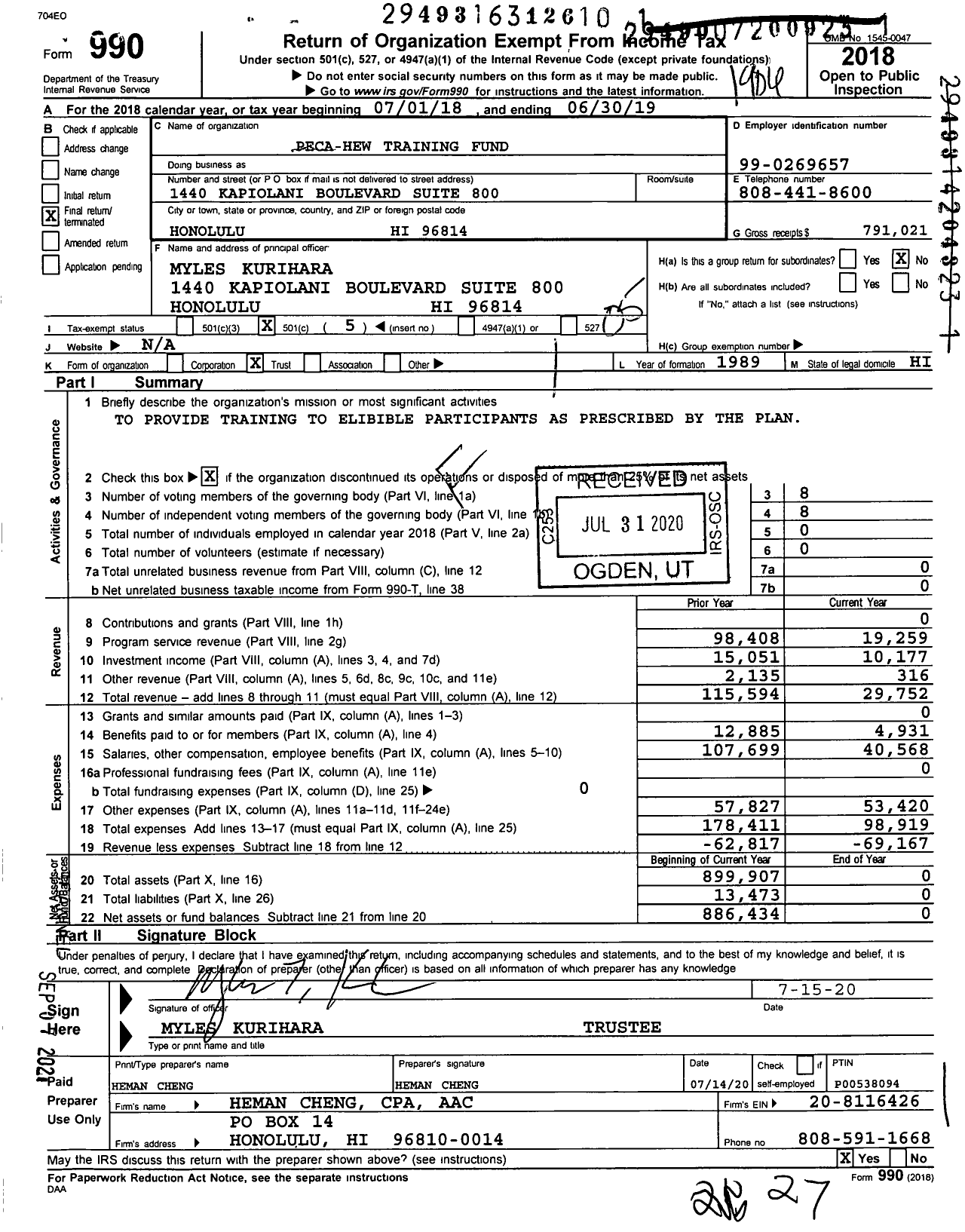 Image of first page of 2018 Form 990O for Peca-Hew Training Fund