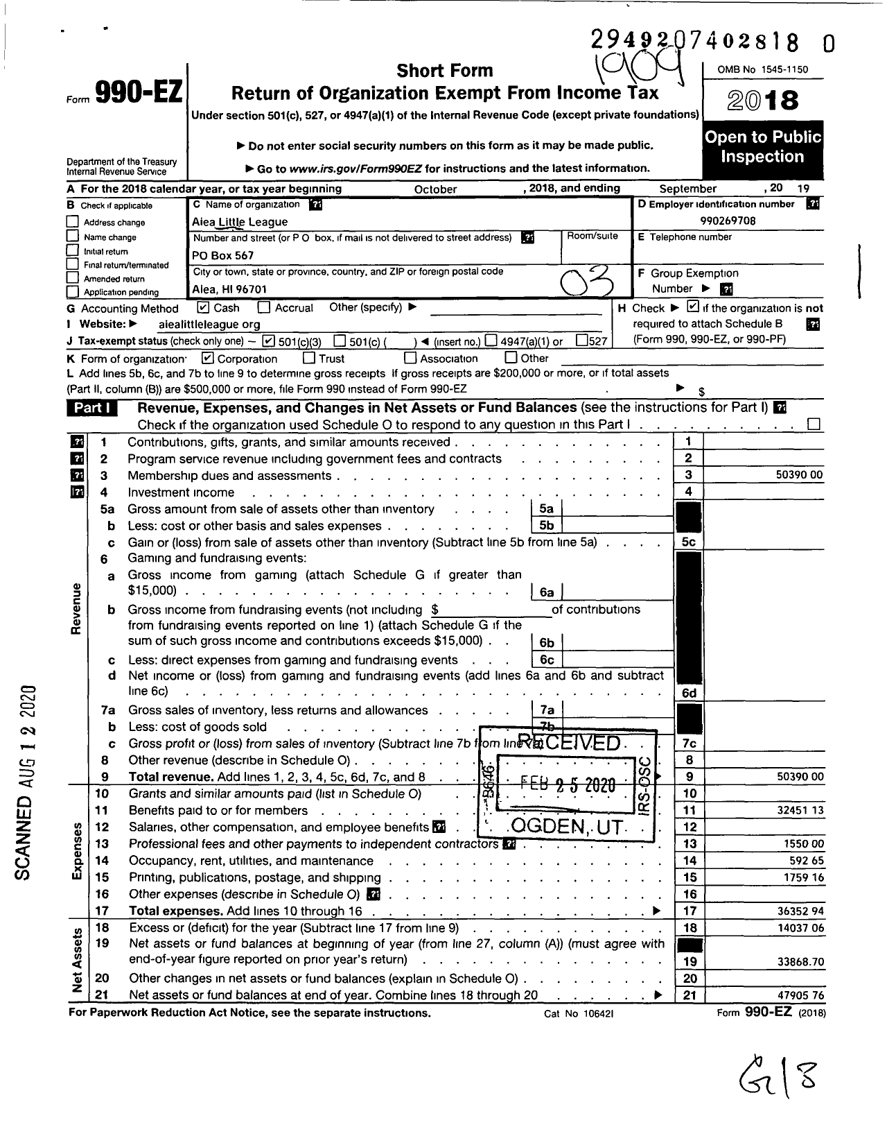 Image of first page of 2018 Form 990EZ for LITTLE LEAGUE BASEBALL - Aiea LITTLE LEAGUE