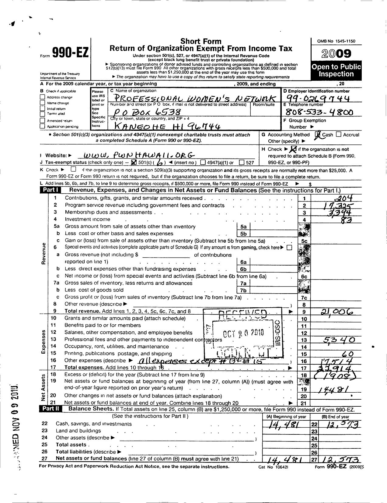 Image of first page of 2009 Form 990EO for Professional Womens Network