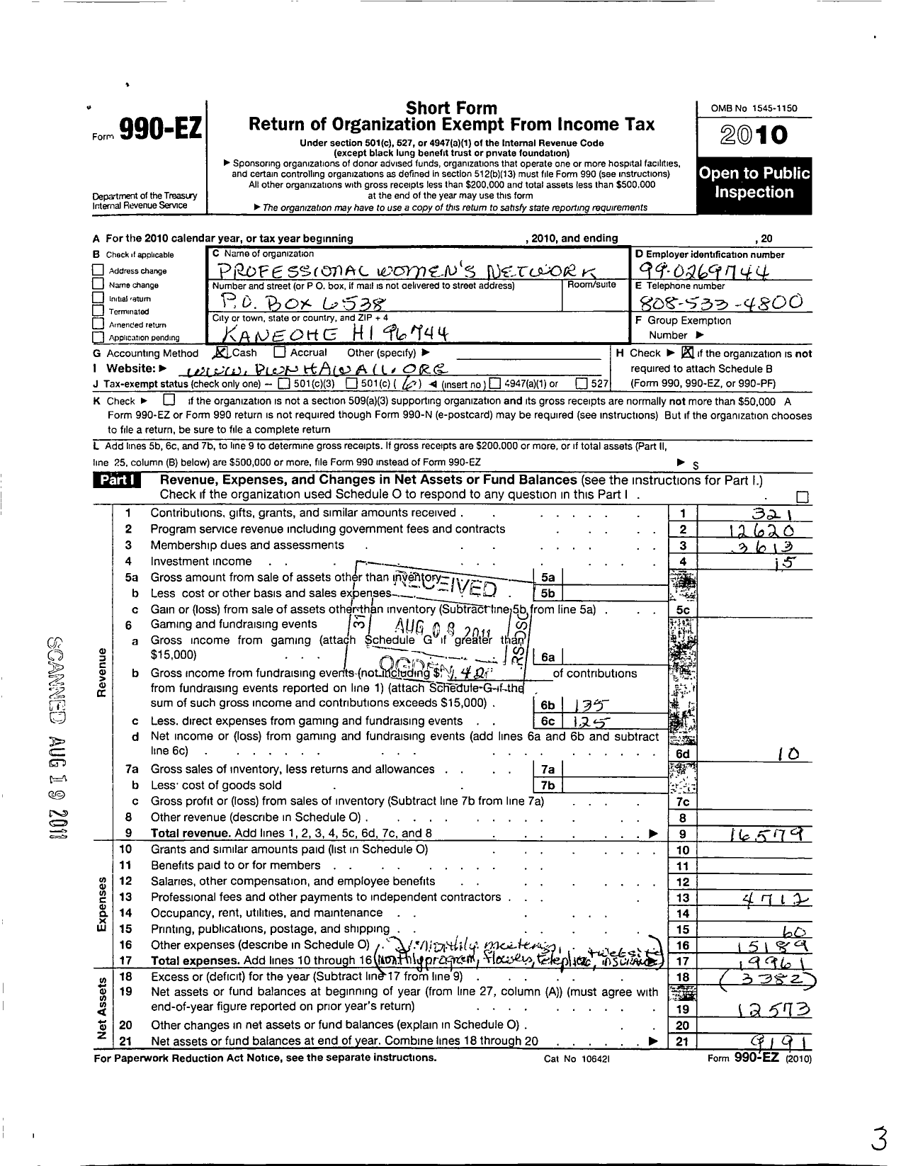 Image of first page of 2010 Form 990EO for Professional Womens Network