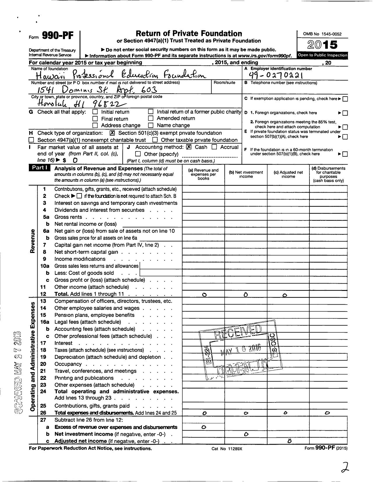 Image of first page of 2015 Form 990PF for Hawaii Professional Education Foundation