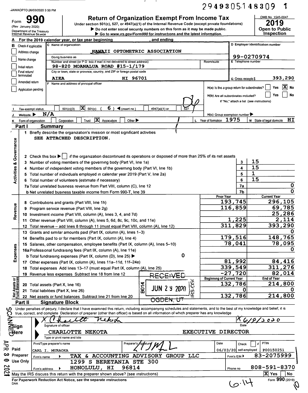 Image of first page of 2019 Form 990O for Hawaii Optometric Association