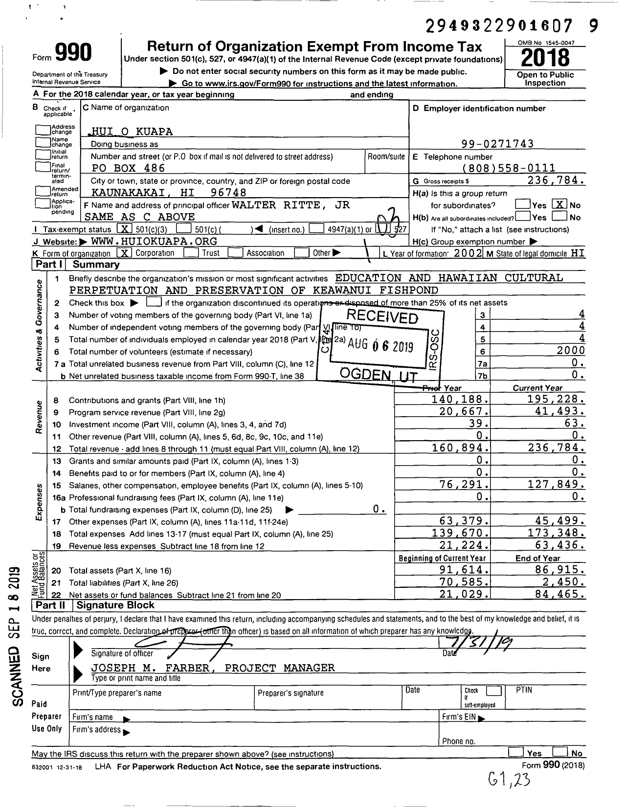 Image of first page of 2018 Form 990 for Hui O Kuapa