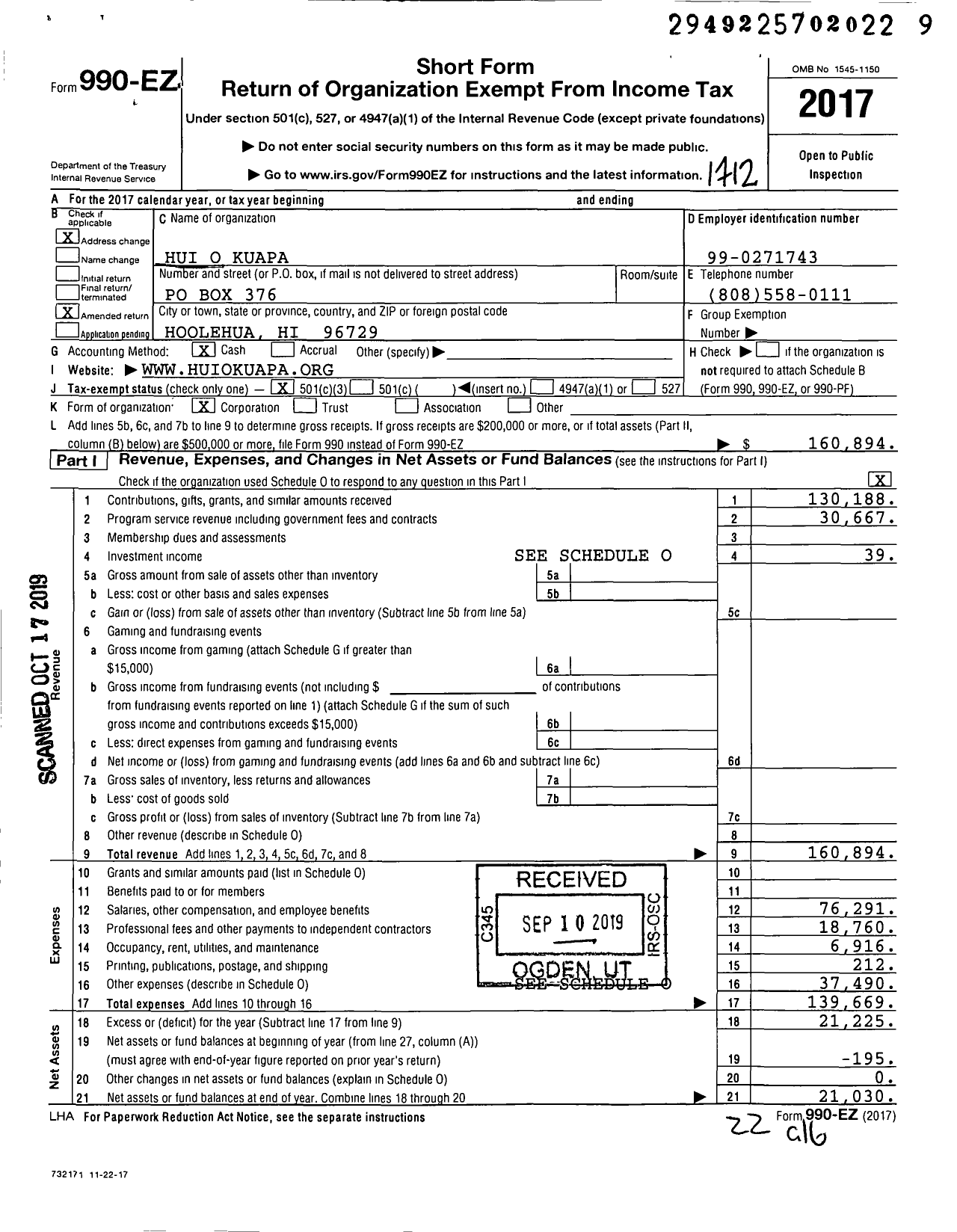 Image of first page of 2017 Form 990EZ for Hui O Kuapa