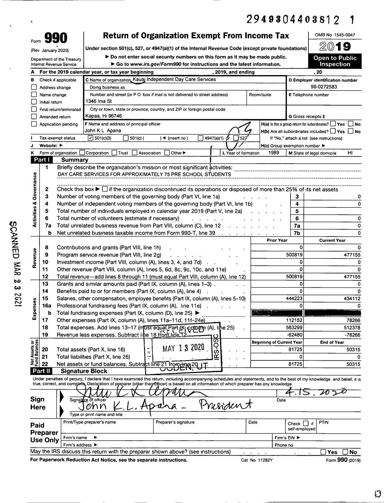 Image of first page of 2019 Form 990 for Kauai Independent Daycare Service (KIDS)