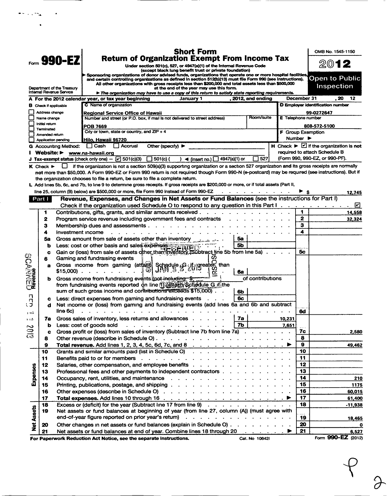 Image of first page of 2012 Form 990EZ for Regional Service Office of Hawaii