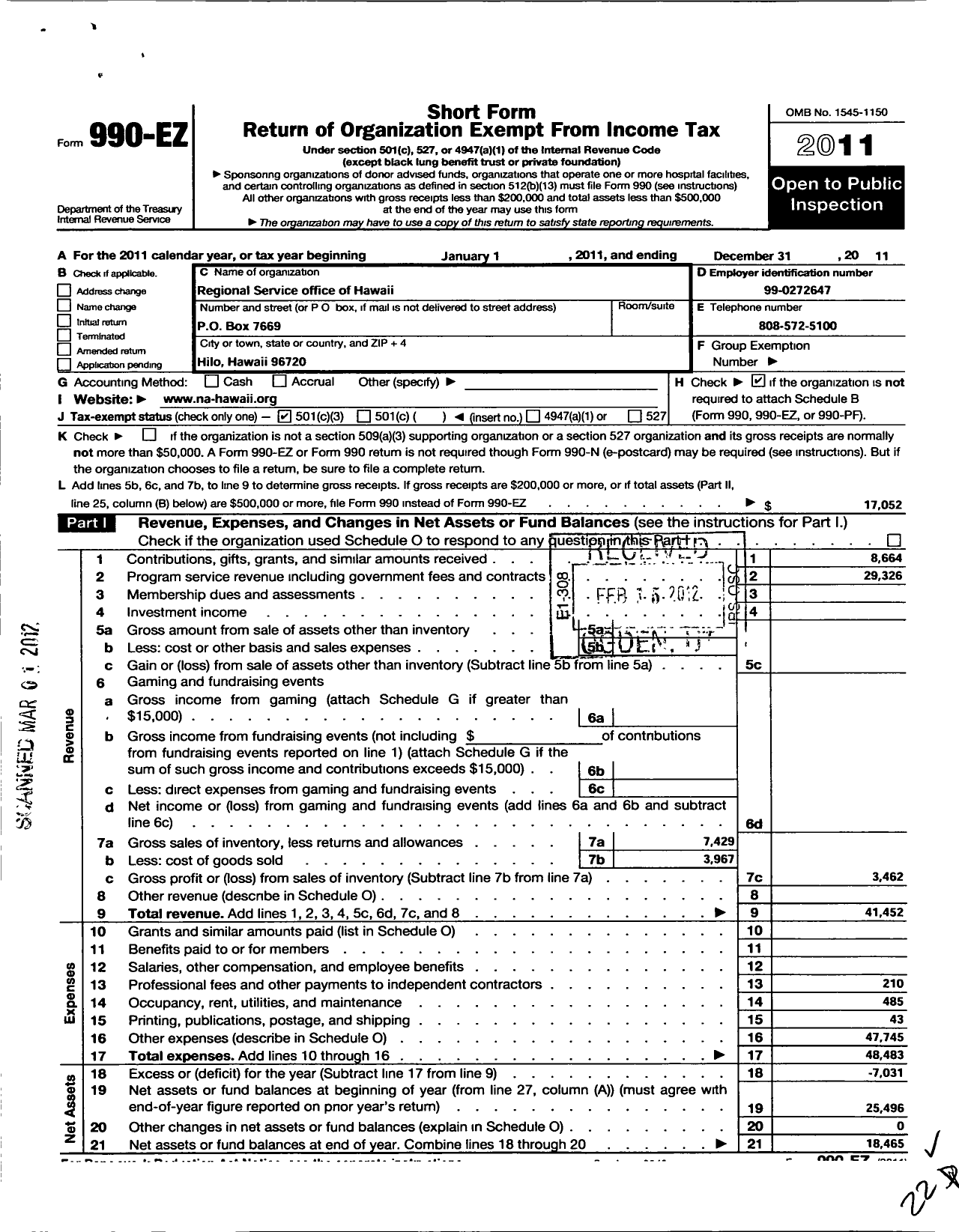 Image of first page of 2011 Form 990EZ for Regional Service Office of Hawaii