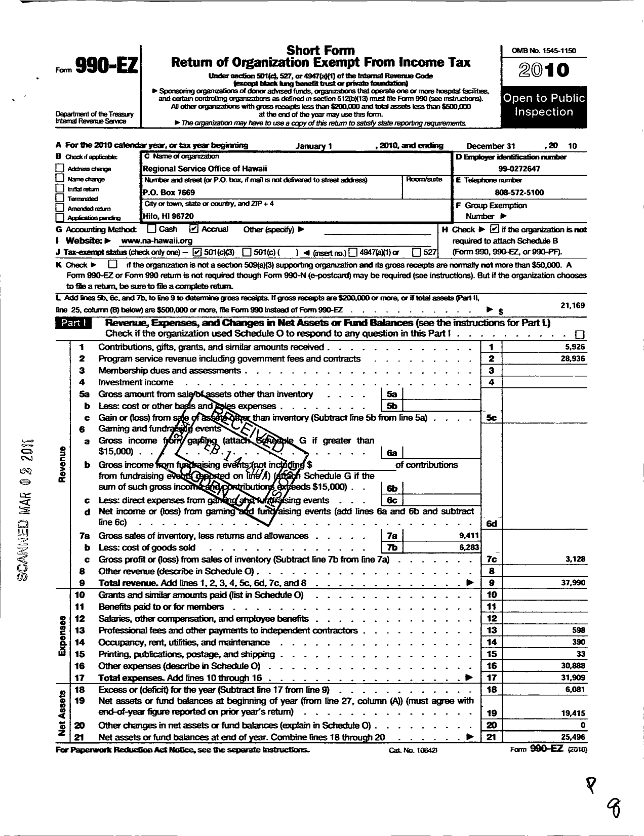 Image of first page of 2010 Form 990EZ for Regional Service Office of Hawaii