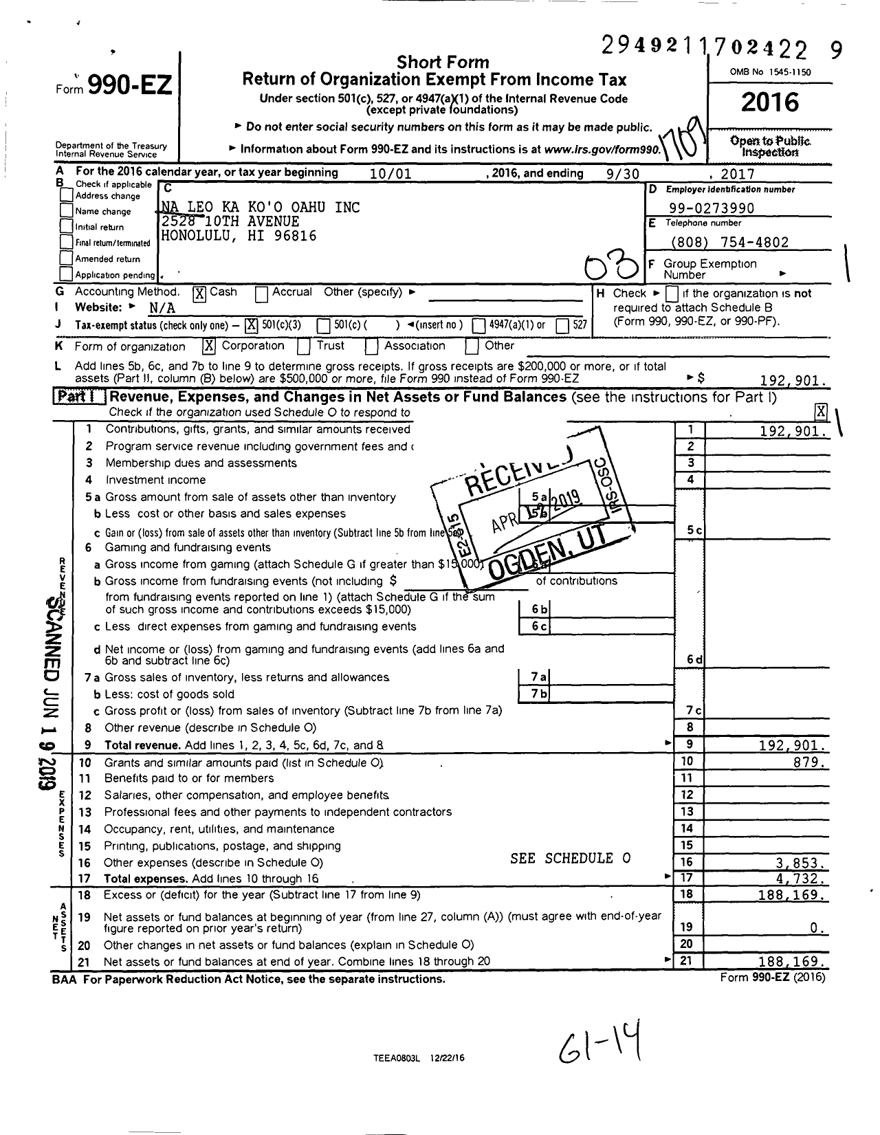 Image of first page of 2016 Form 990EZ for Na Leo Ka Koo