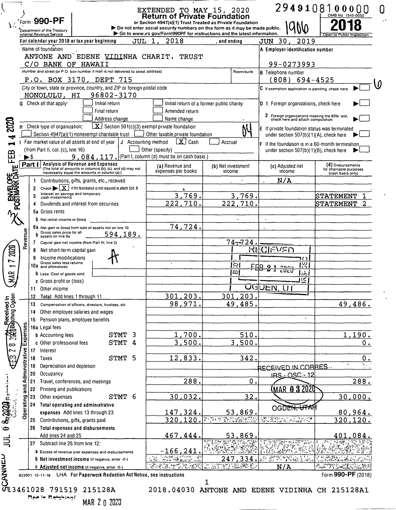 Image of first page of 2018 Form 990PR for Antone and Edene Vidinha Trust