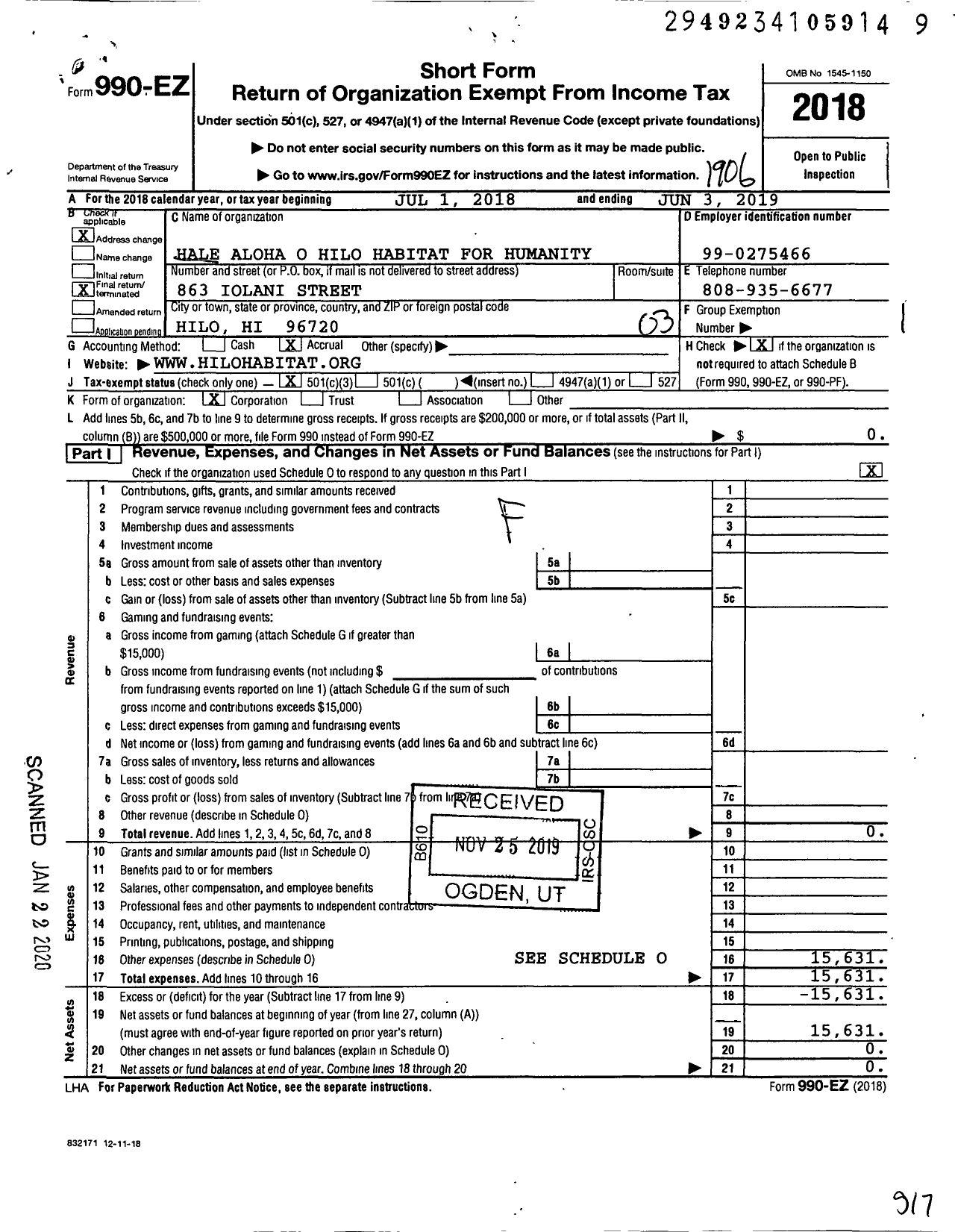 Image of first page of 2018 Form 990EZ for Habitat for Humanity - Hale Aloh O Hilo