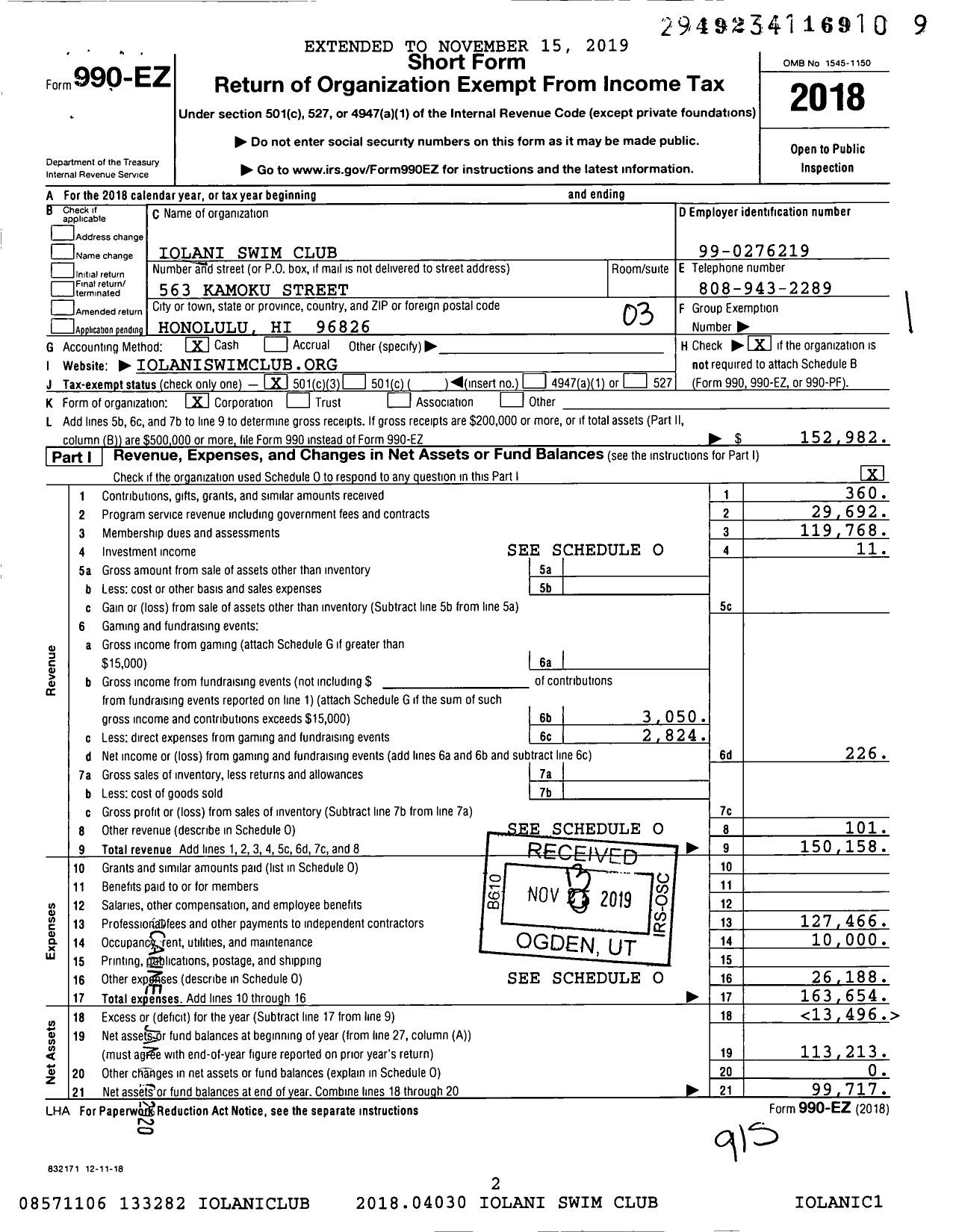 Image of first page of 2018 Form 990EZ for Iolani Swim Club