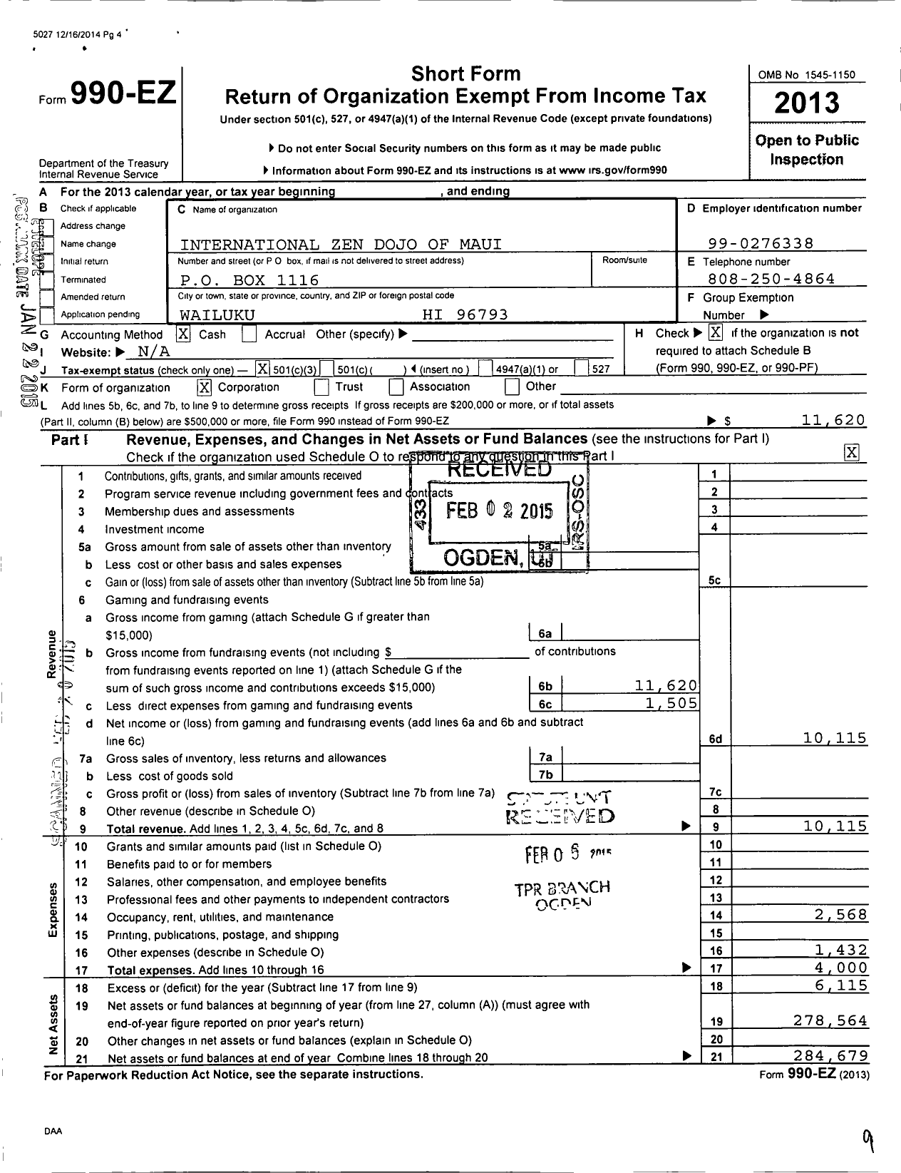 Image of first page of 2013 Form 990EZ for International Zen Dojo of Maui