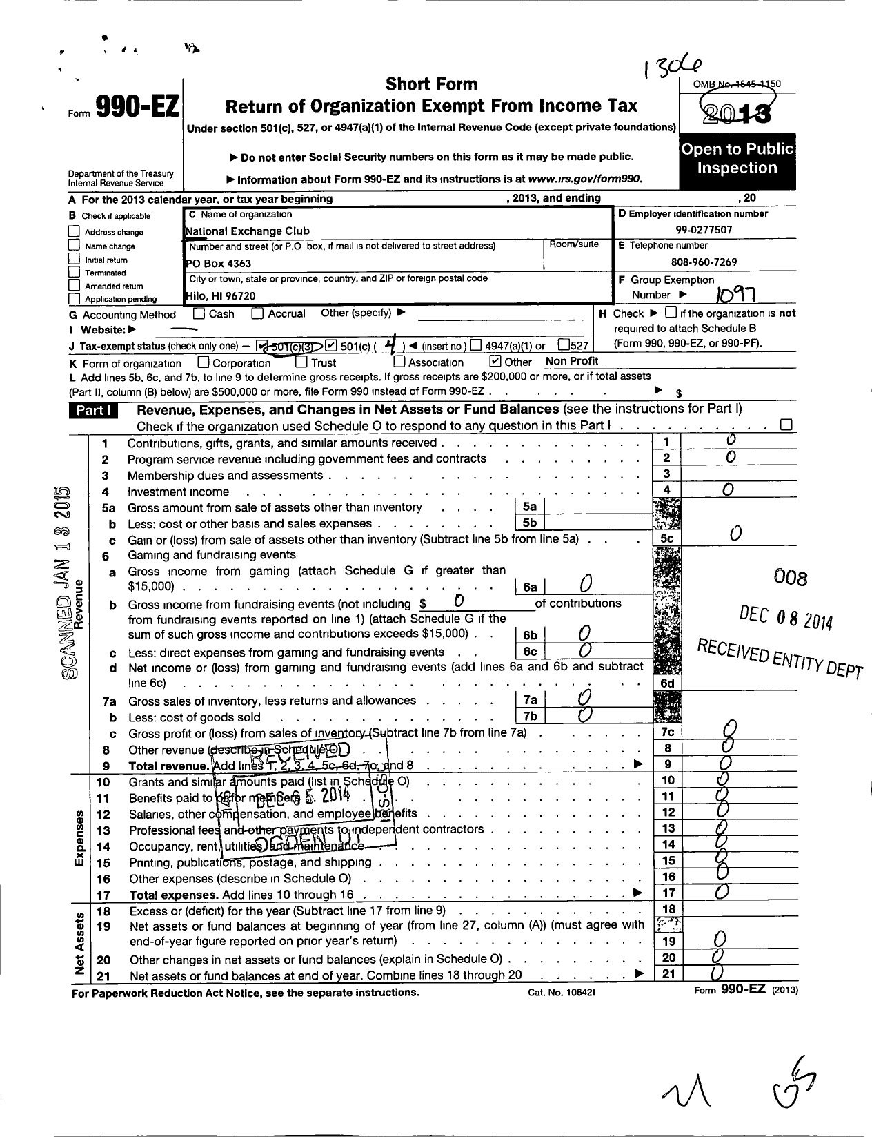 Image of first page of 2012 Form 990EO for National Exchange Club