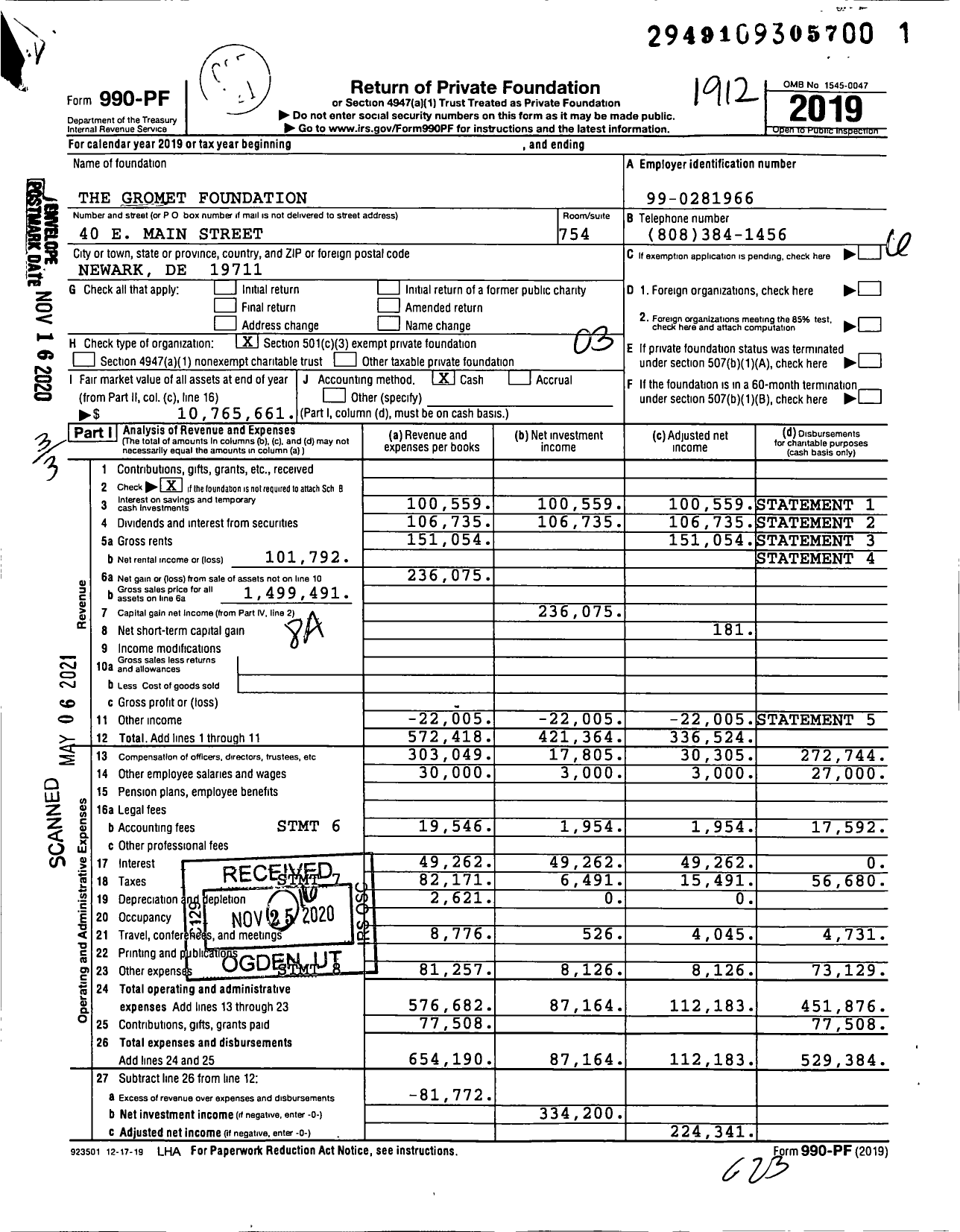 Image of first page of 2019 Form 990PF for The Gromet Foundation