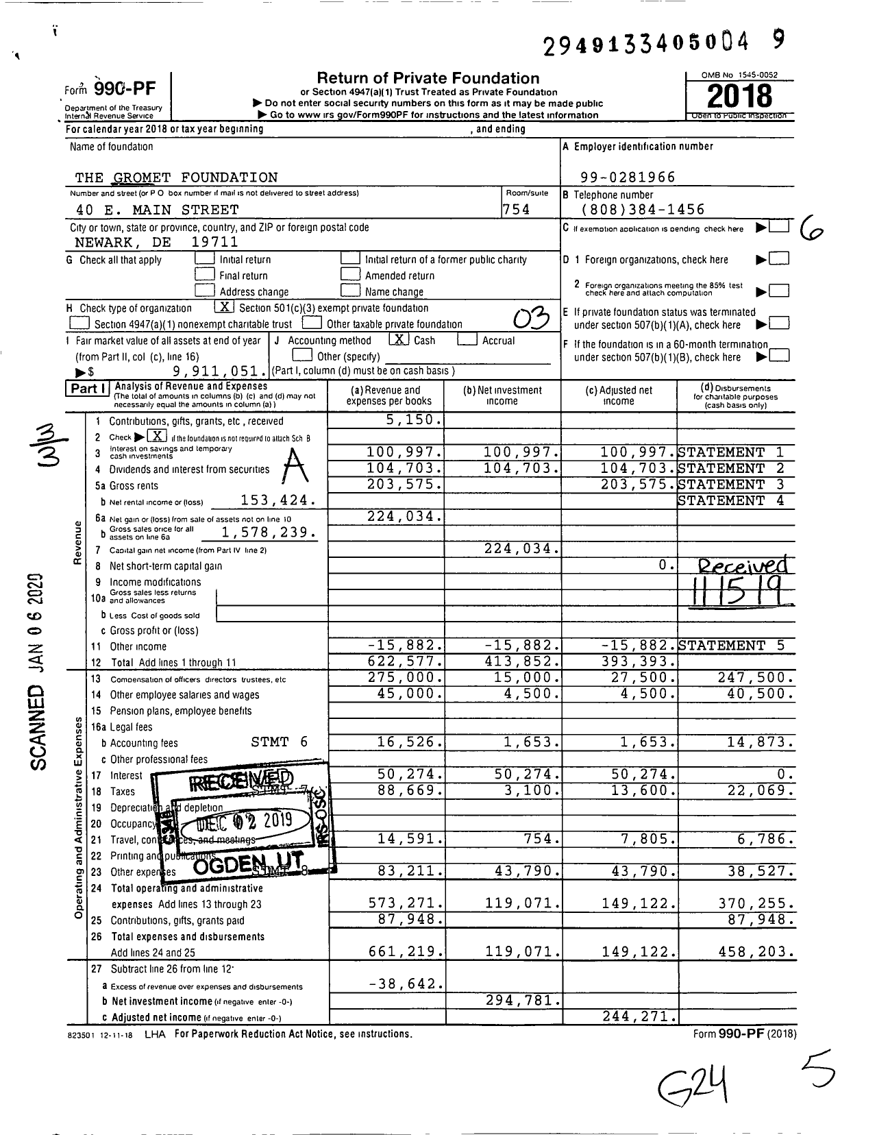 Image of first page of 2018 Form 990PF for The Gromet Foundation