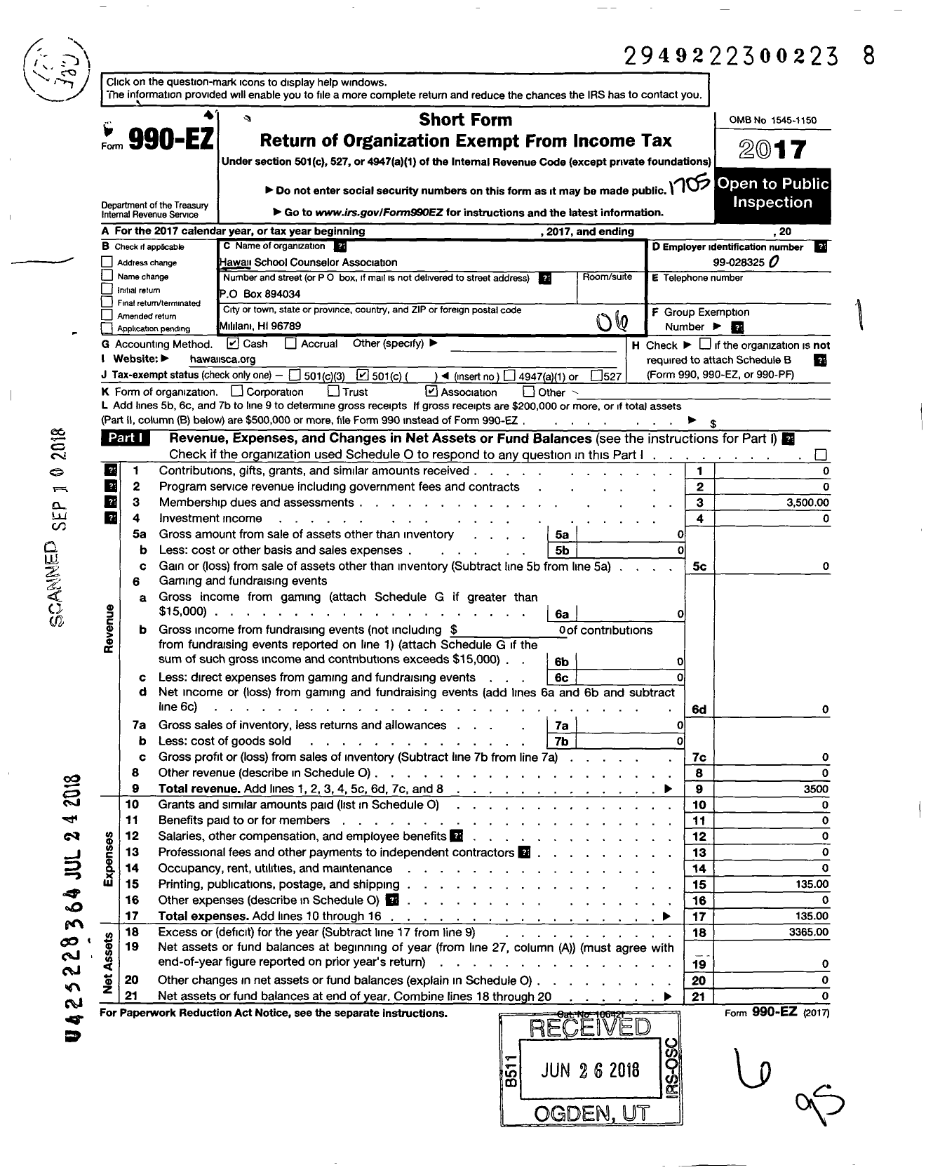 Image of first page of 2016 Form 990EO for Hawaii School Counselor Association